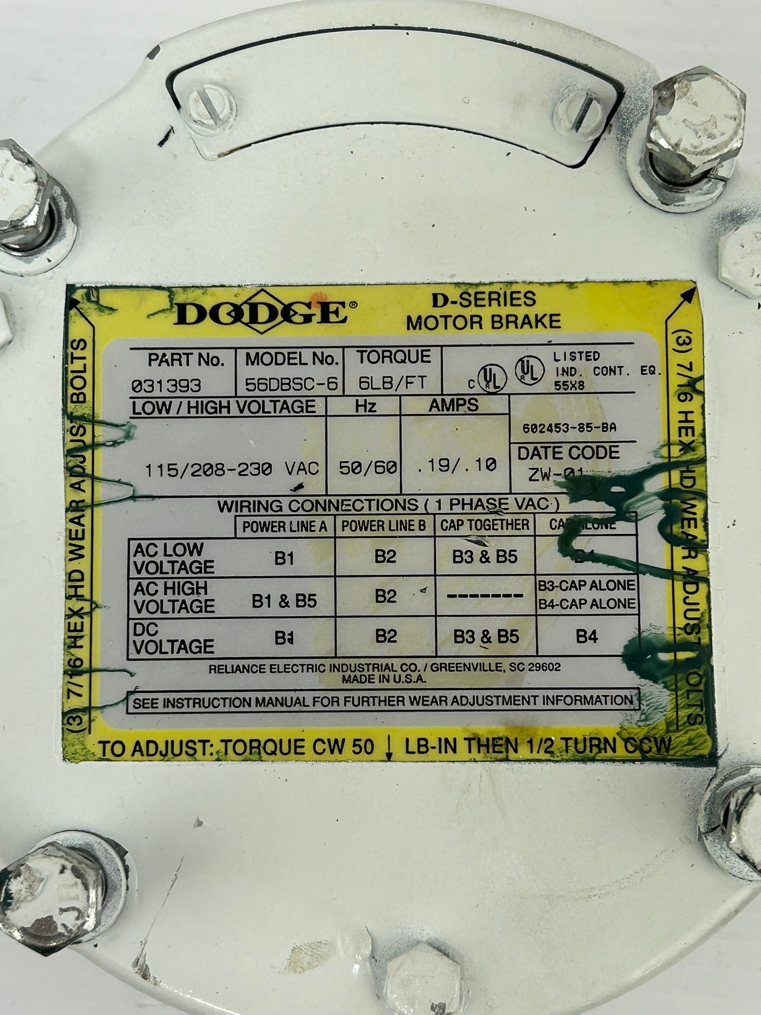 Dodge 56DBSC-6 D-Series Motor Brake 1 Phase 115/208-230 VAC 50/60Hz 031393