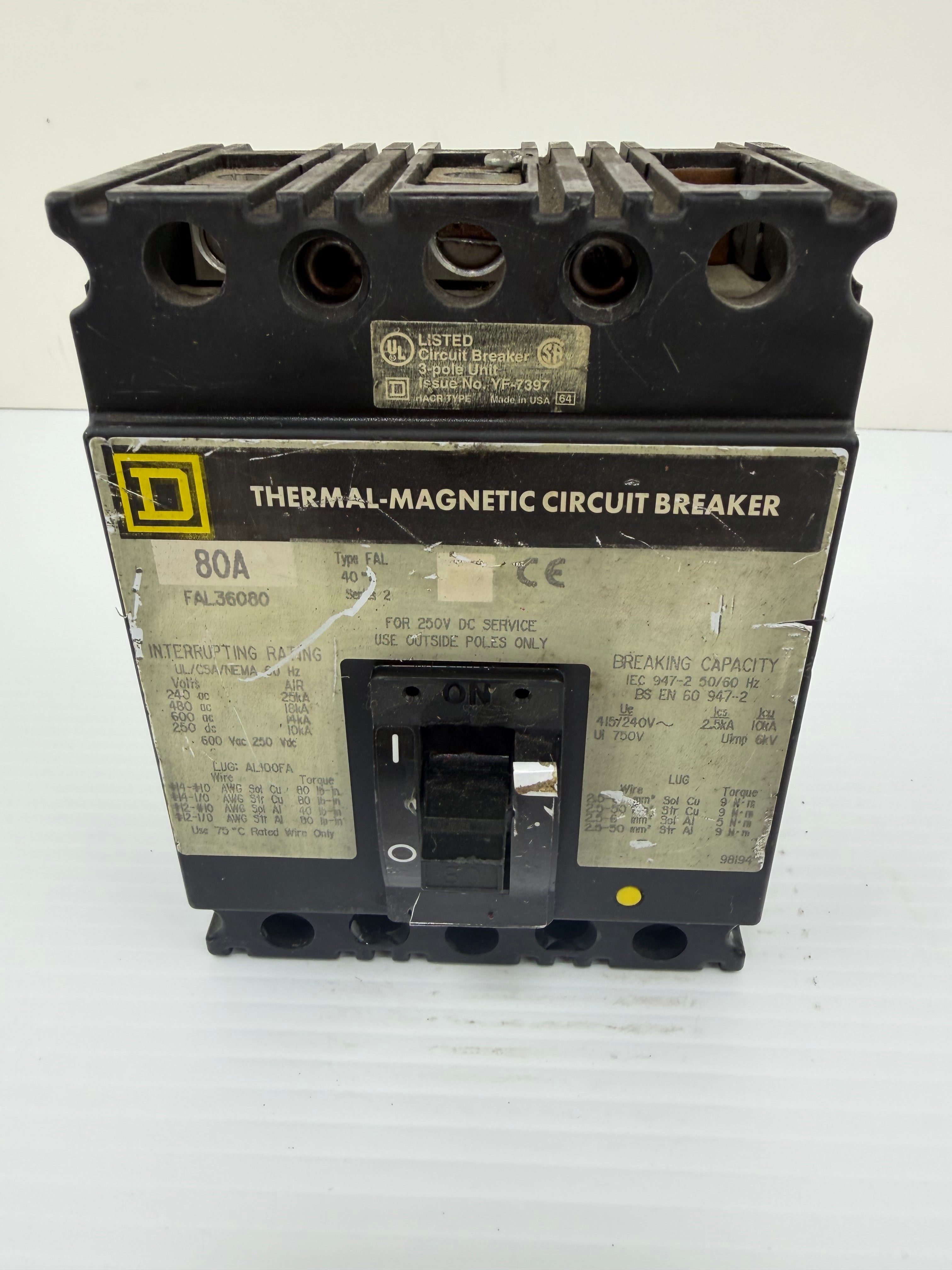 Square D Circuit Breaker FAL36080 80 Amp 600 VAC 250 VDC 240/480 V