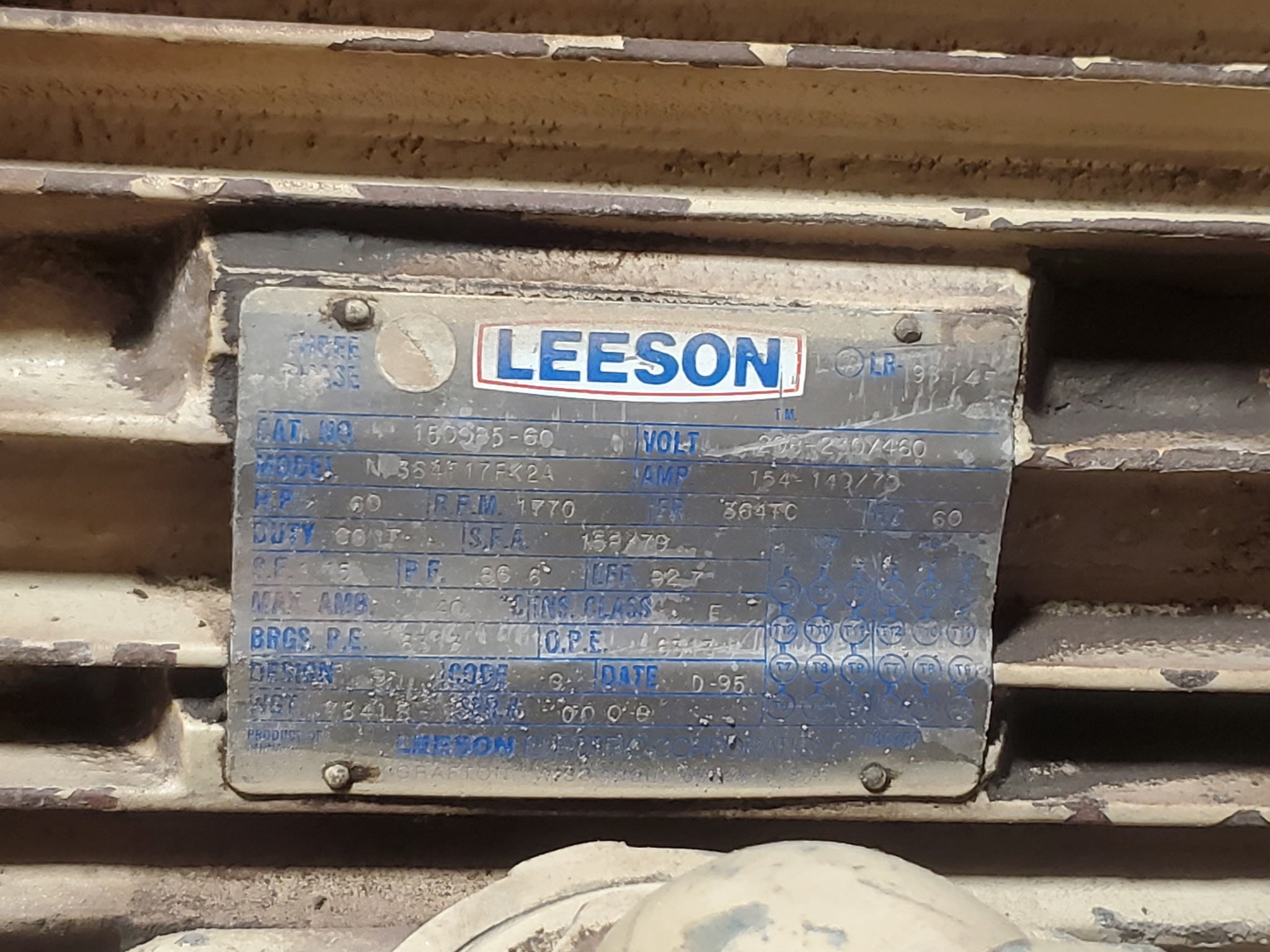 Leeson 150085-60 Motor 60HP 1770RPM 3PH 364TC with Belt Drive Clutch Assembly