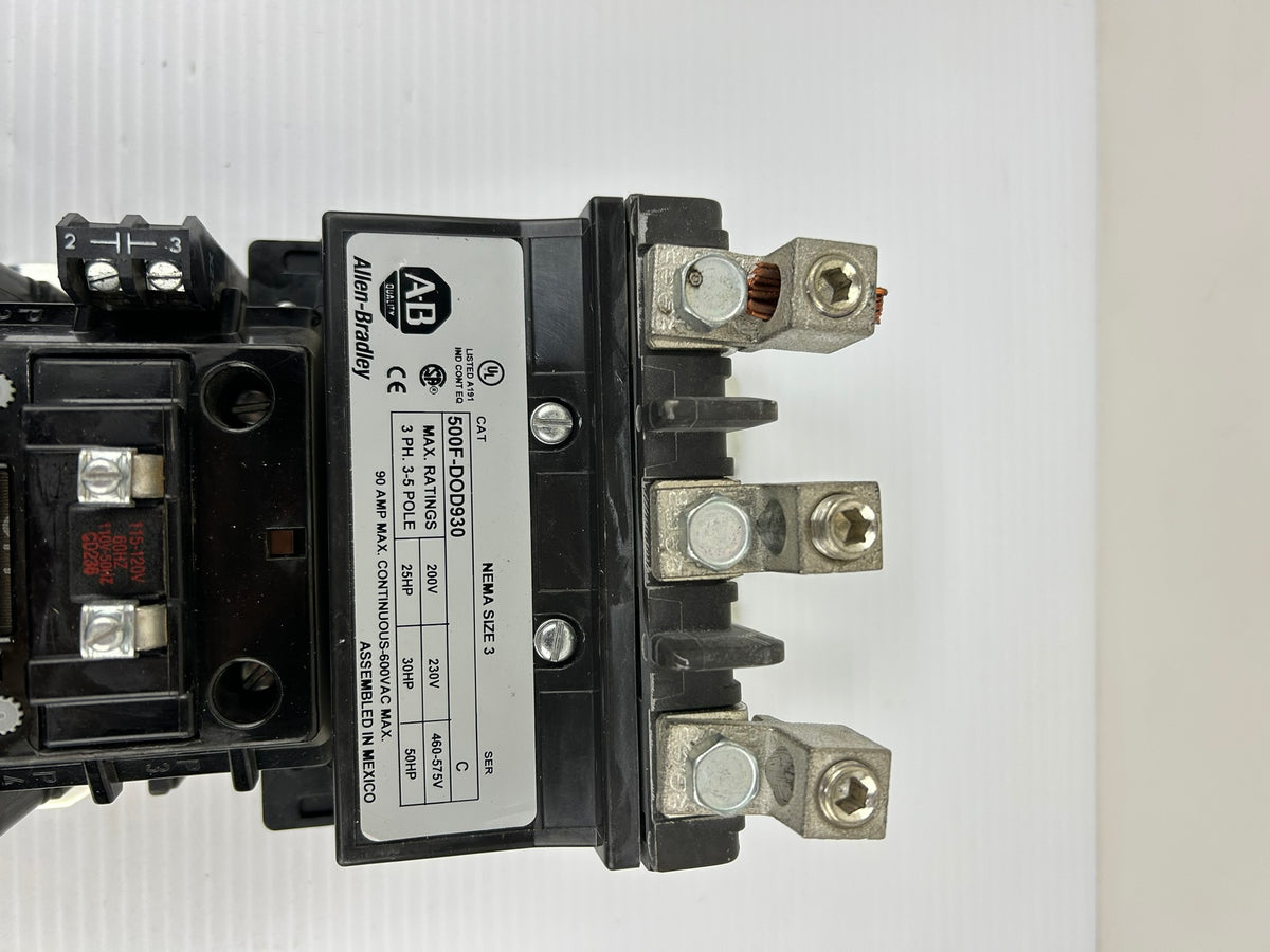 Allen-Bradley 500F-DOD930 NEMA Size 3 Contactor 90A 600V 110-120V Coil Overload
