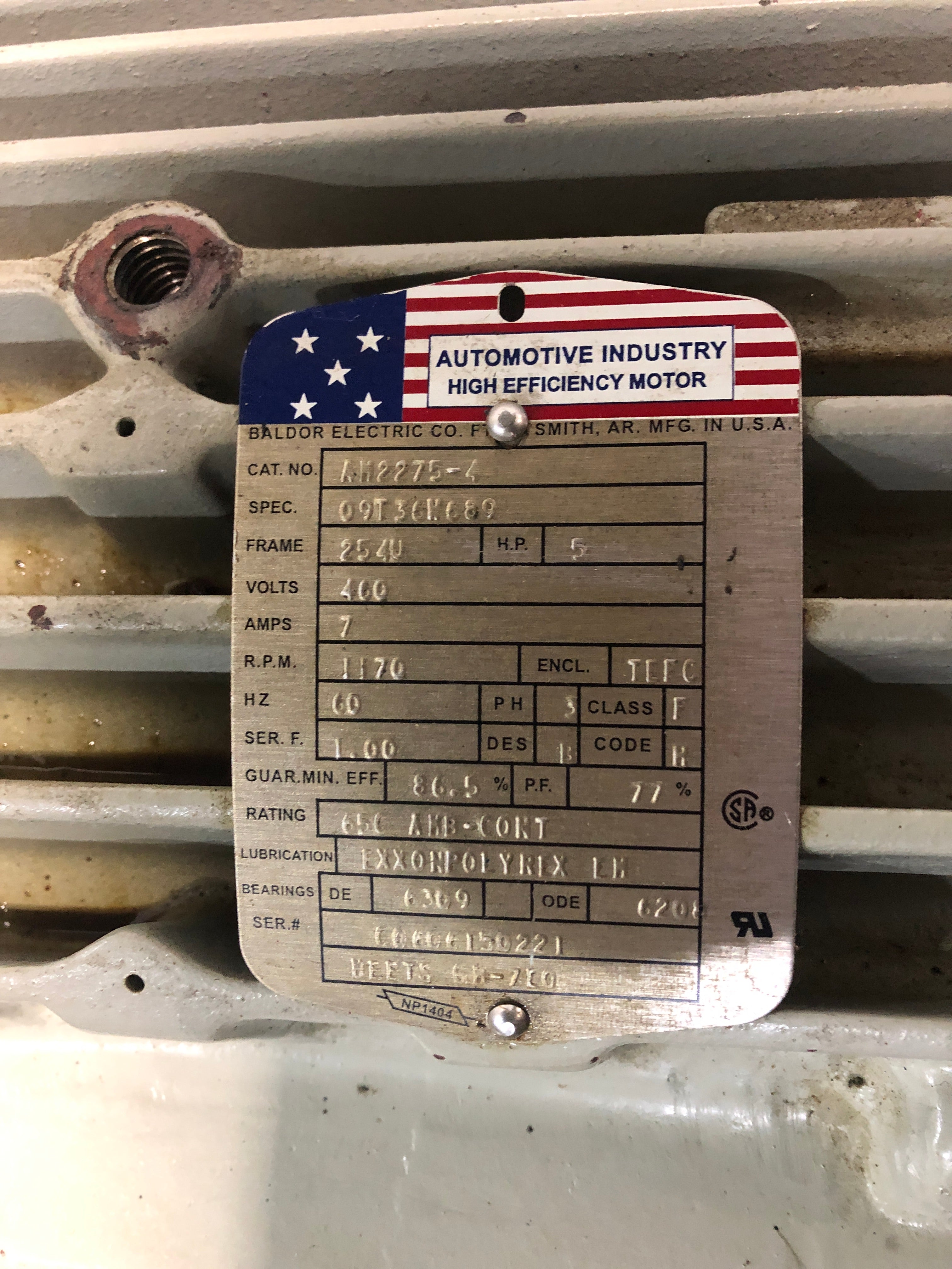 Baldor AM2275-4 High Efficiency Motor 5 HP 400 Volts 7 Amps 1170 RPM 3 PH