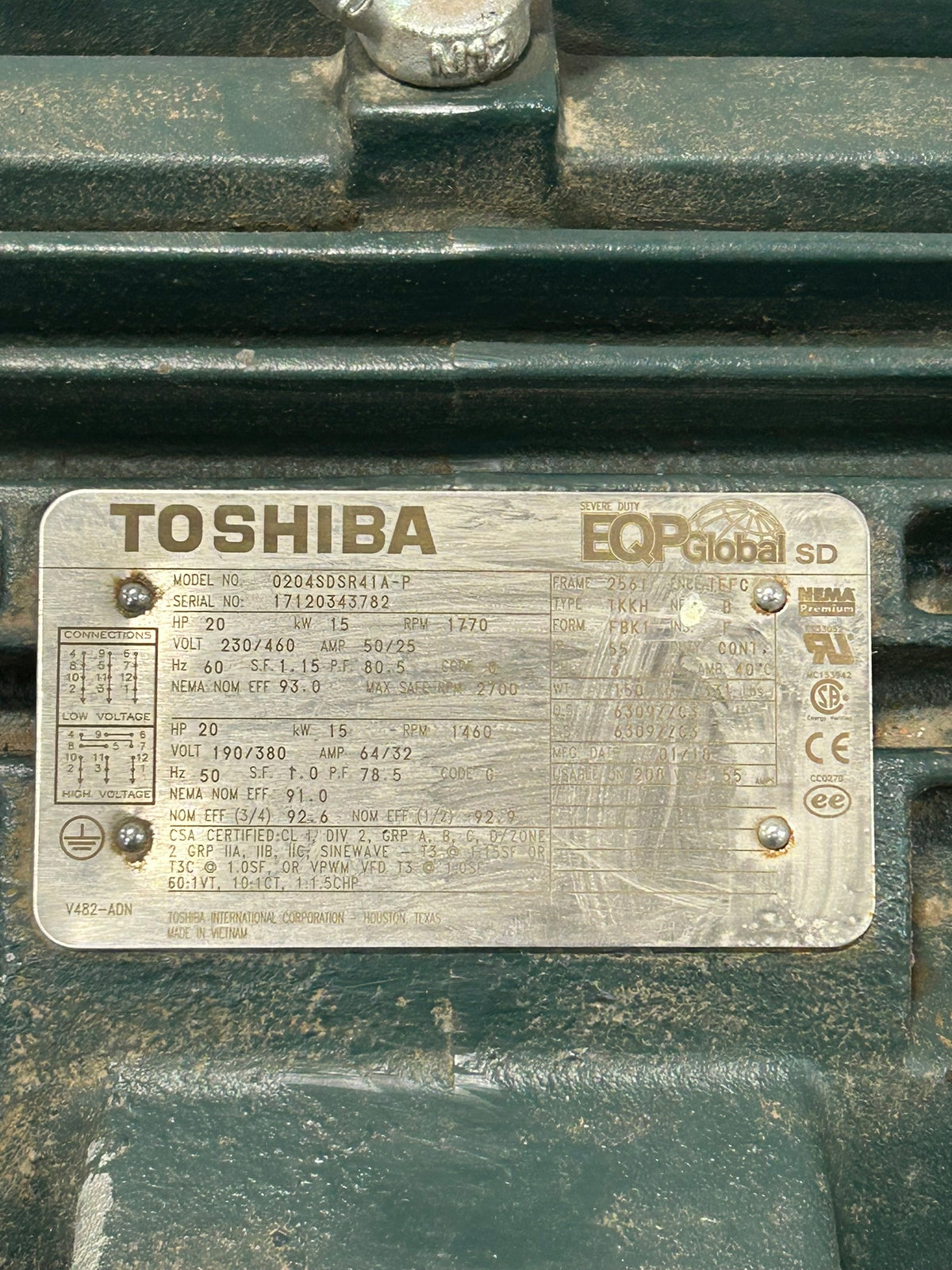 Toshiba 0204SDSR41A-P AC Motor 20 HP 1460/1770 RPM 3PH 230/460V 50/60 Hz 256T