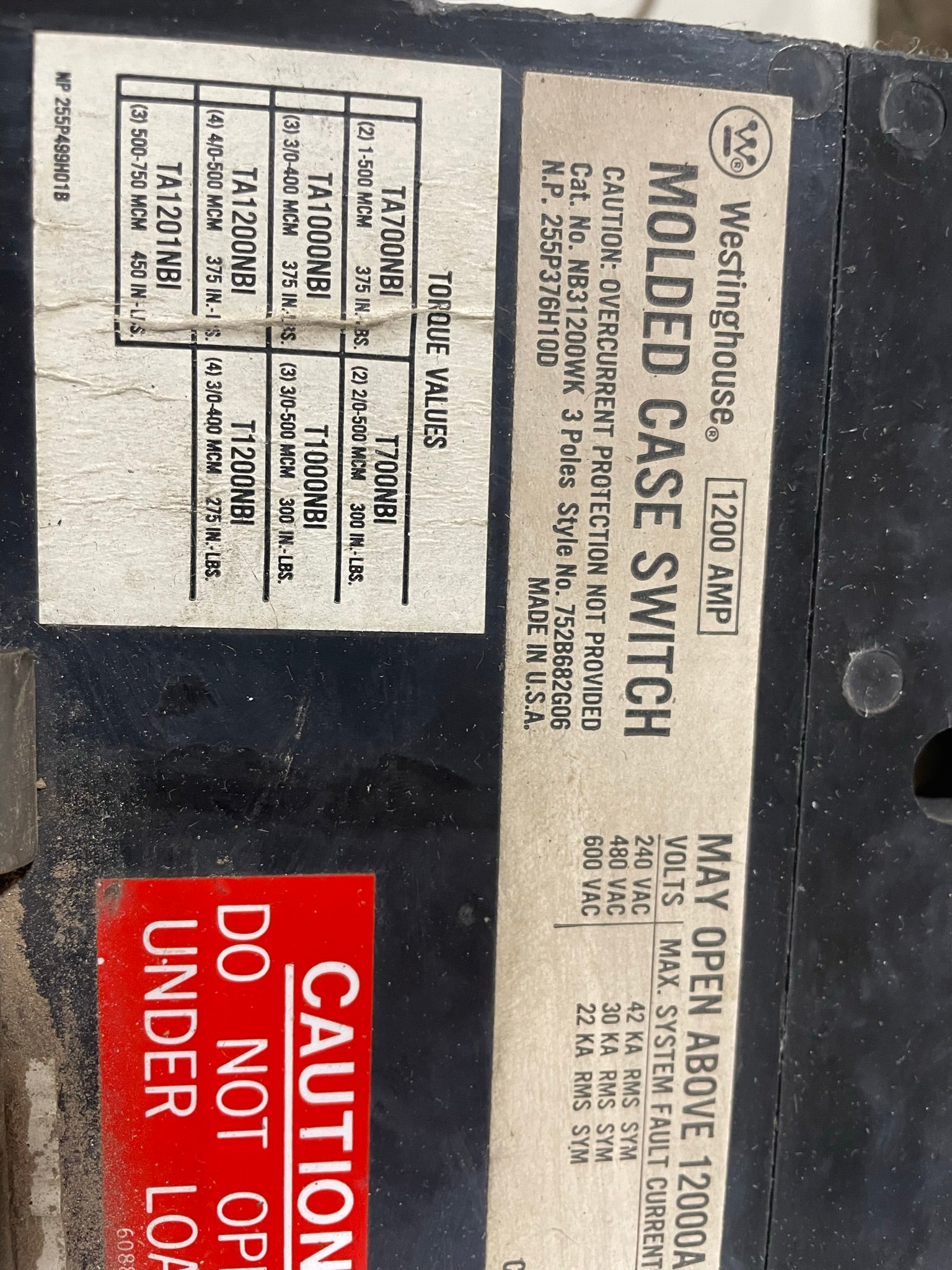 Westinghouse Circuit Breaker 1200A Remote Switch NB31200WK 3 Pole 752B682G06