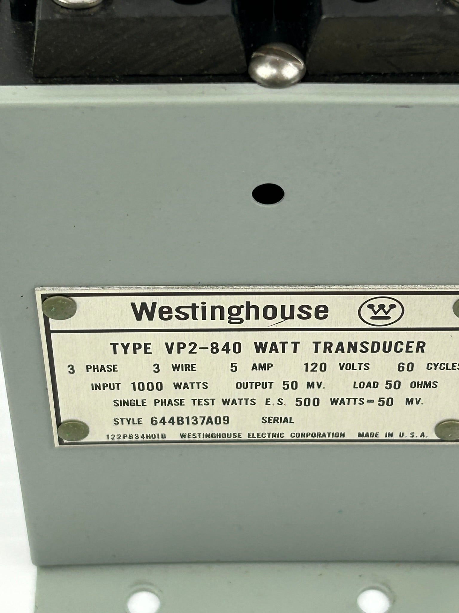 Westinghouse VP2-840 Watt Transducer 3 Phase 3 Wire 5 Amp 120 Volts 60 Cycles