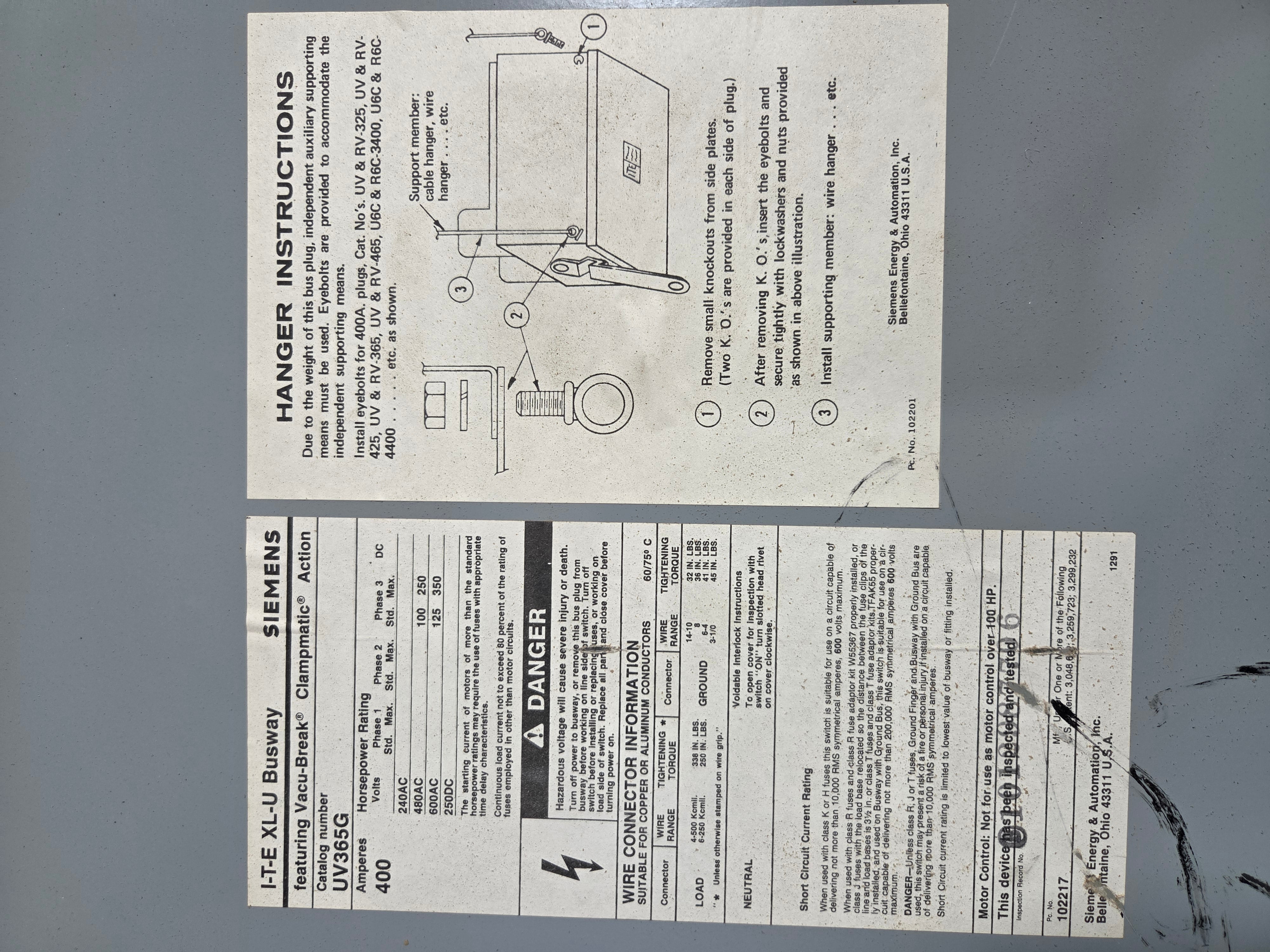 ITE XL-U UV365G Bus Plug Fusible Safety Switch 400A 600V Busway 3 Phase 3 Wire