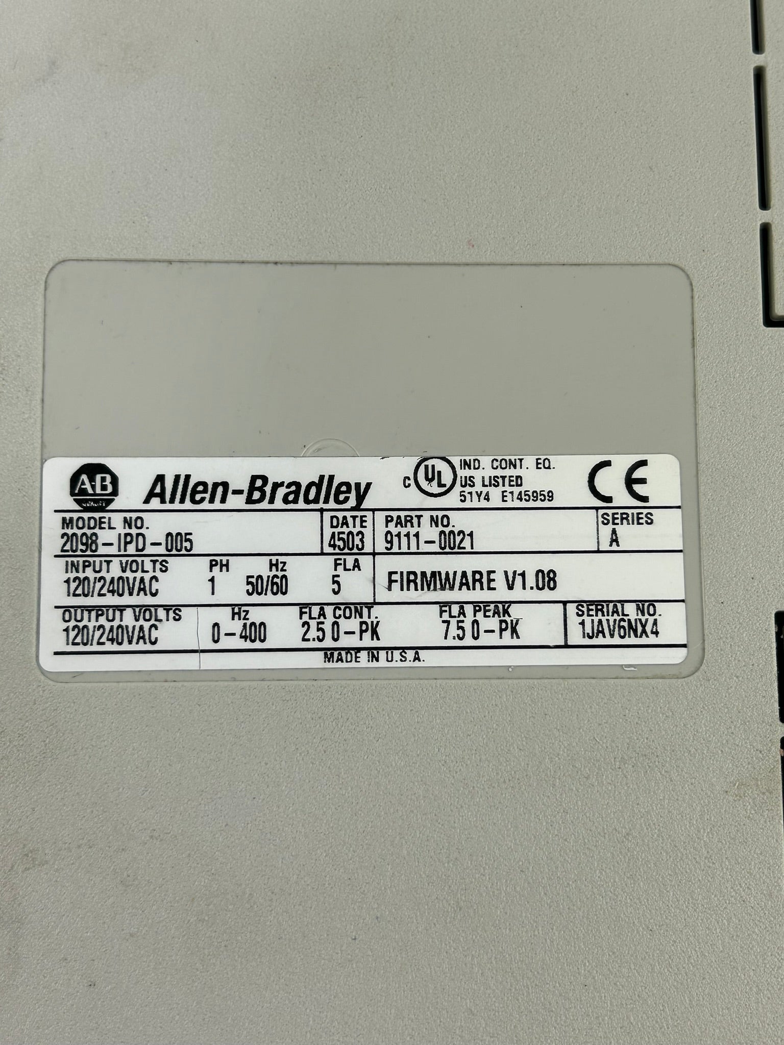Allen Bradley 2098-IPD-005 Ultra5000 Servo Drive Series A 9111-0021 1PH
