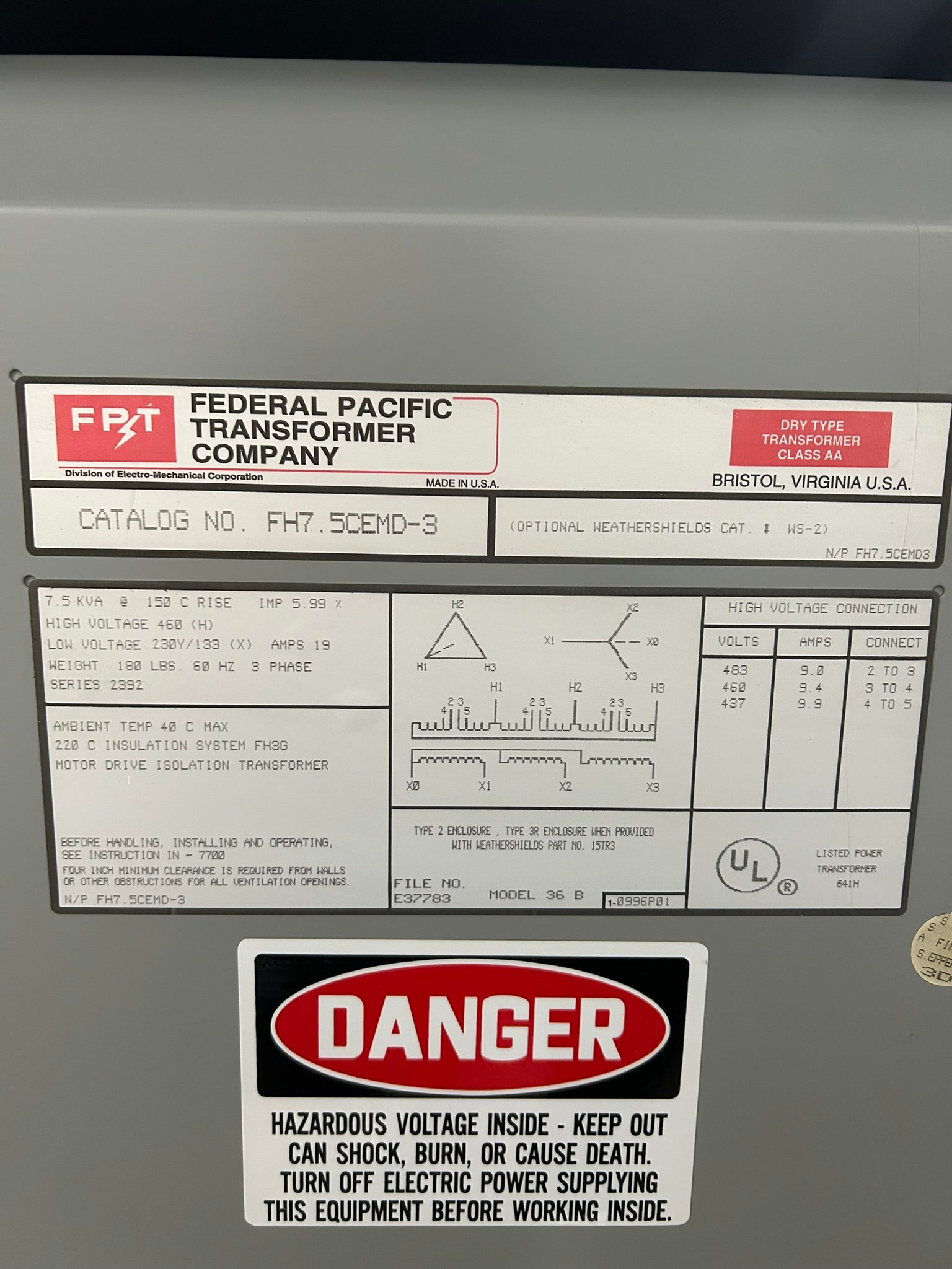 Federal Pacific 36B Dry Type Transformer FH7.5CEMD-3 7.5kVA 3PH 460V 230Y/133