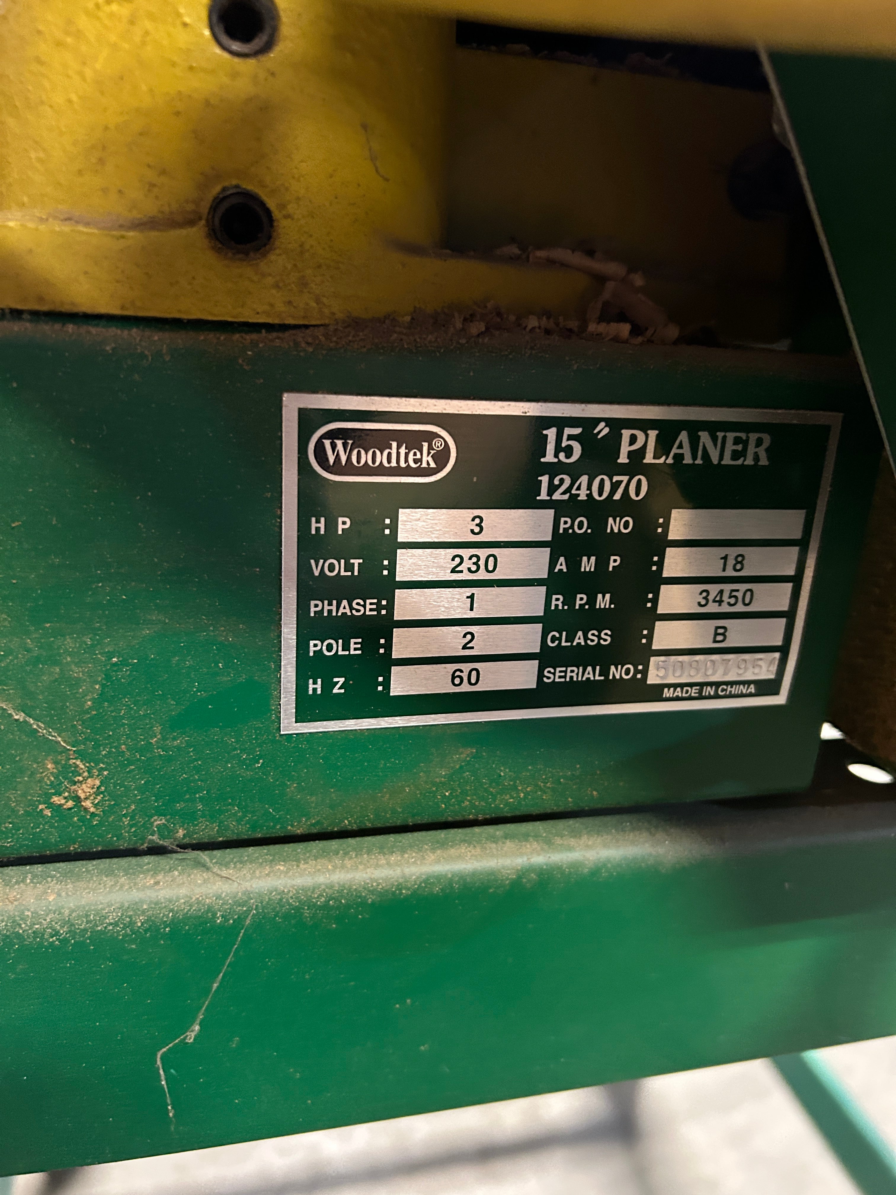 Woodtek 15" Wood Planer 124070 3HP 230V 1PH 2P 18A 3450 RPM 60Hz Woodworking
