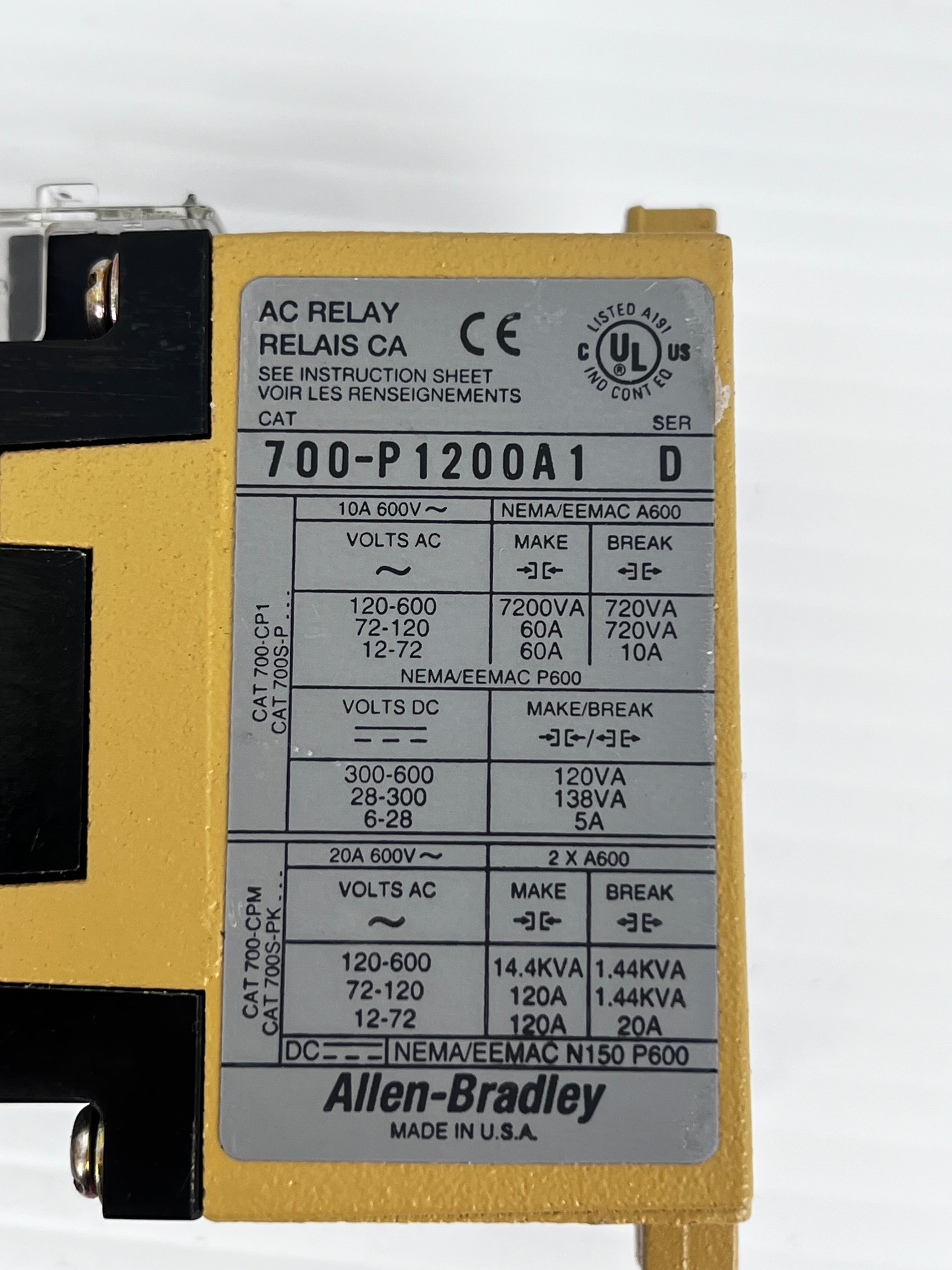 Allen-Bradley 700-P1200A1 Direct Drive AC Relay Type P Series D