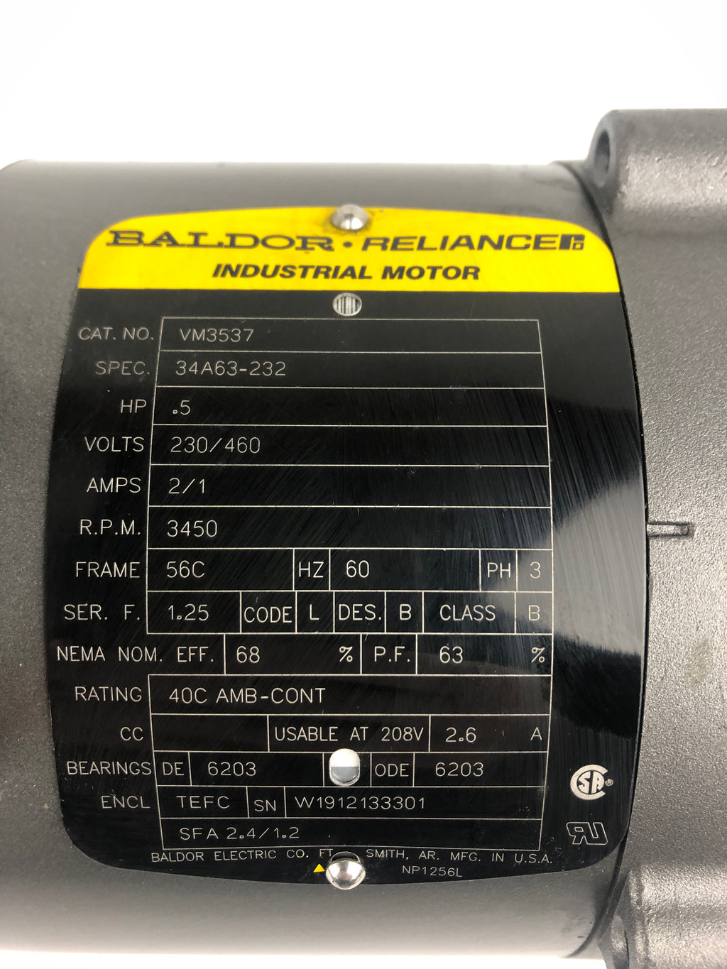 Baldor Reliance VM3537 Industrial Motor Frame: 56C Class: B 3450RPM ...