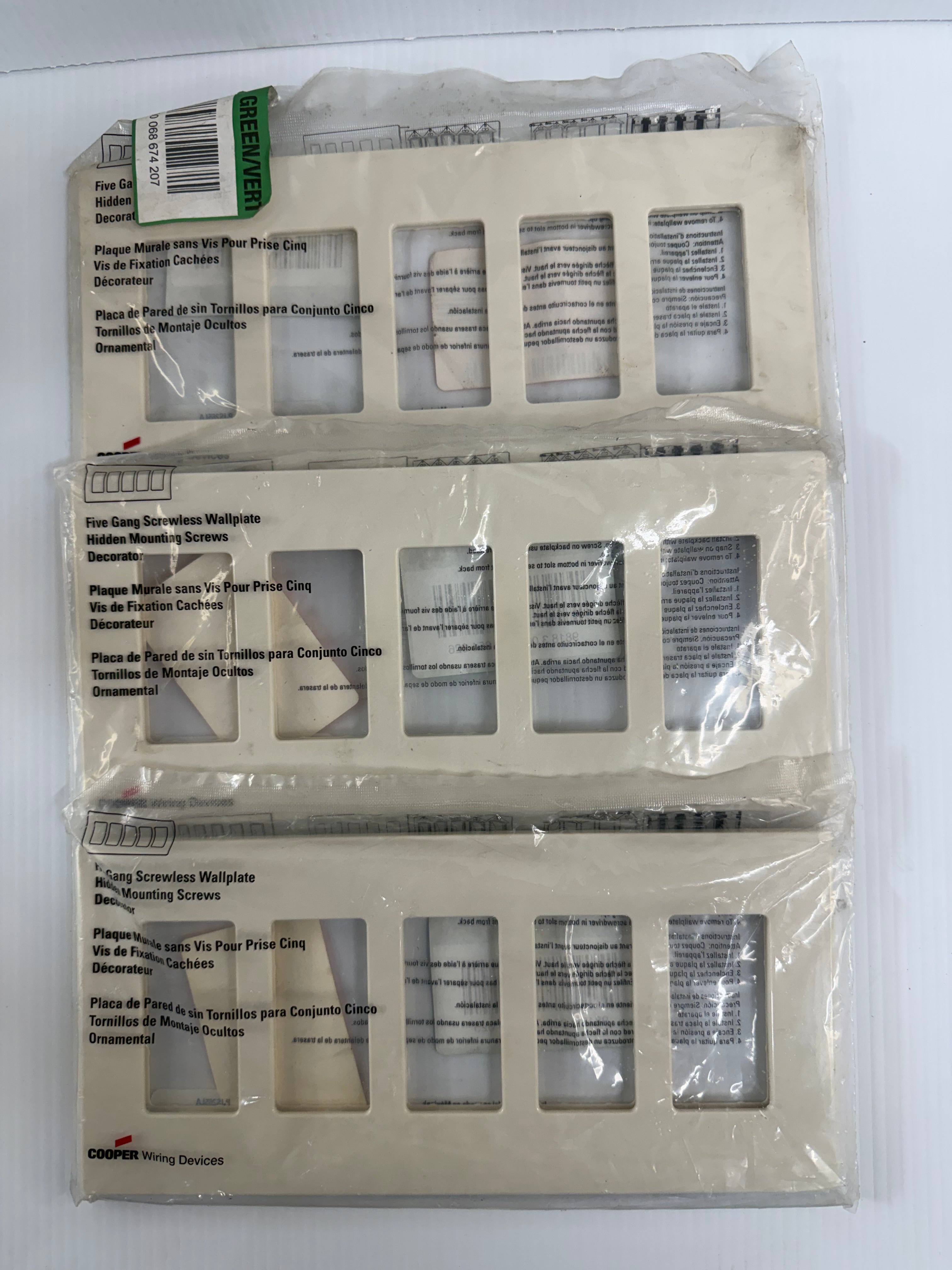 Cooper Wiring 5-Gang Screwless Wallplate PJS265CA Lot of 3