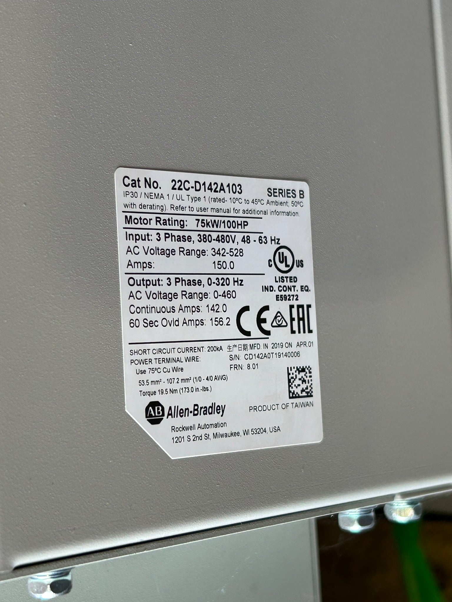 Allen-Bradley 22C-D142A103 PowerFlex 400 AC Drive 75kW/100HP 3PH Series B