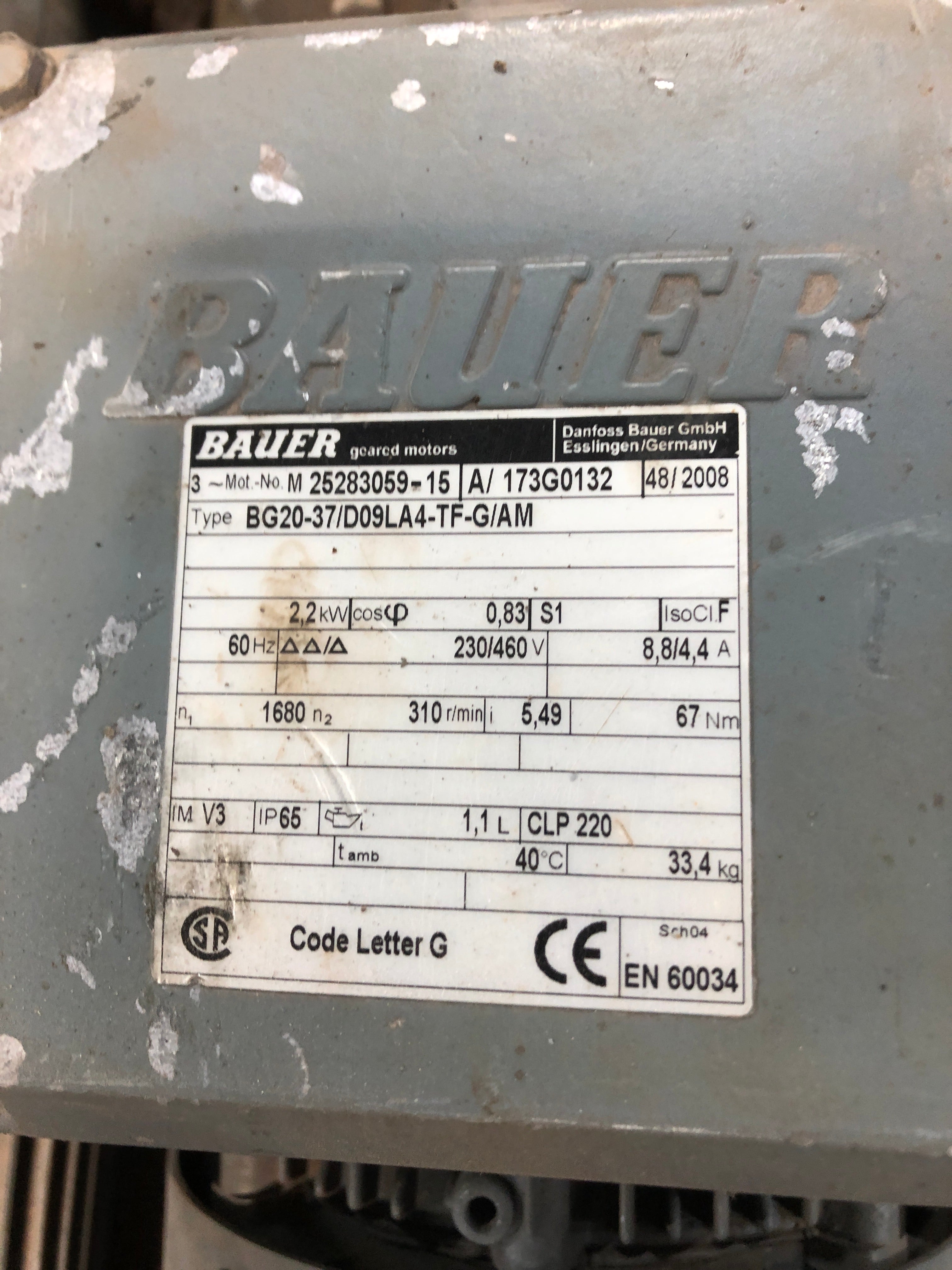 Bauer 25283059-15 Geared Motor BG20-37/D09LA4-TF-G/AM 2,2kW 3PH 230/460V