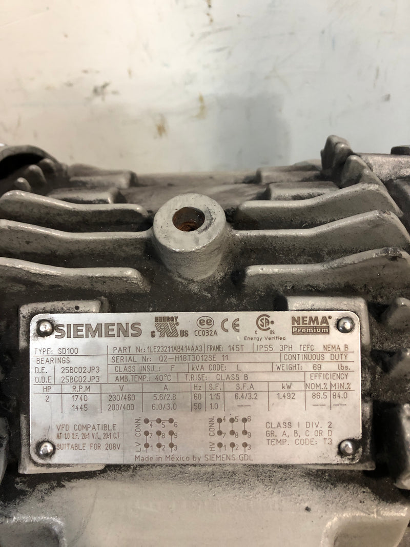 Siemens 1LE23211AB414AA3 Motor 2HP Type SD100 1445/1740 RPM 3 Phase 145T