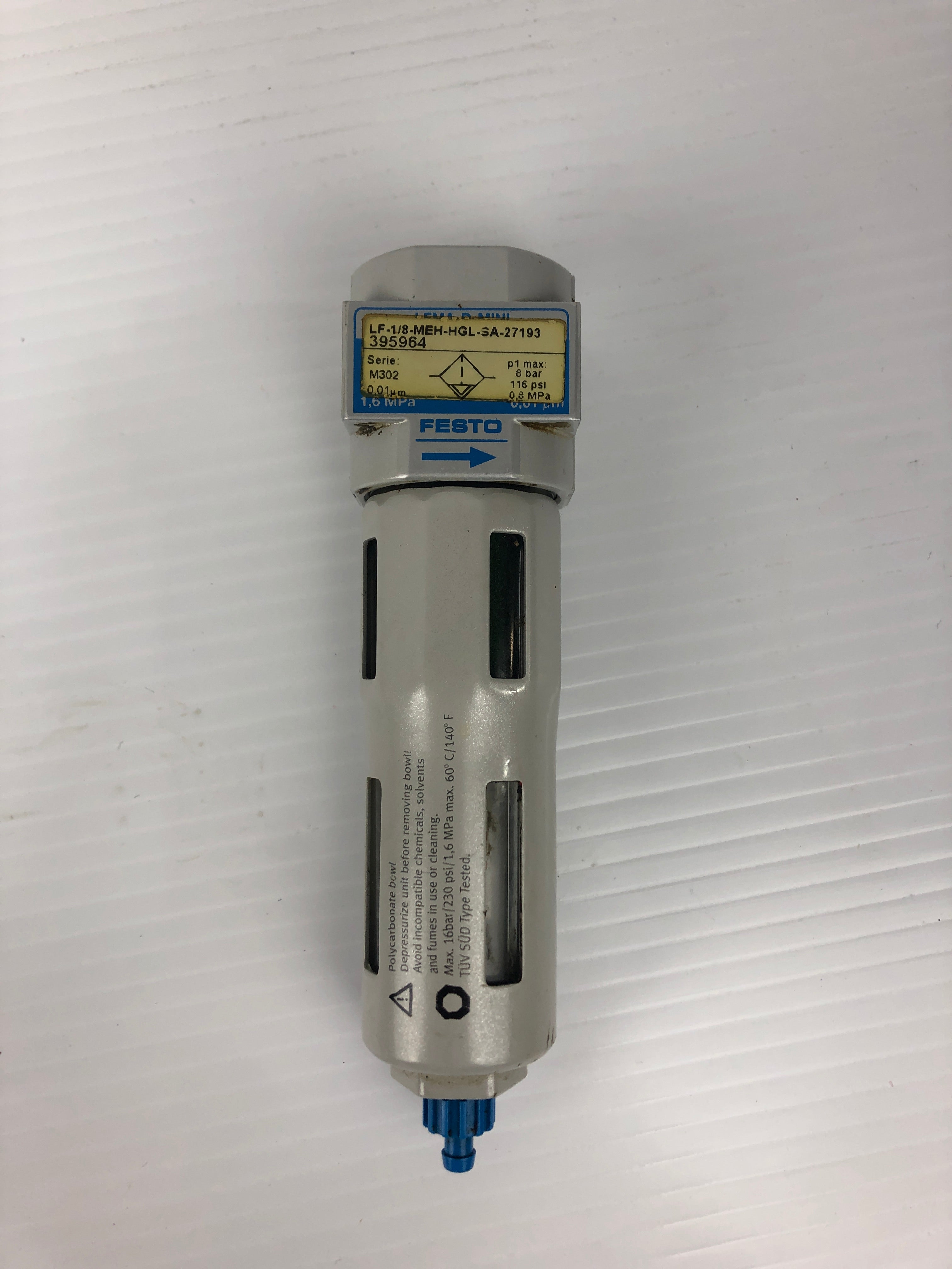 Festo LF-1/8-MEH-HGL-SA-27193 Filter Regulator 395964 Ser. M302 116PSI 8BAR