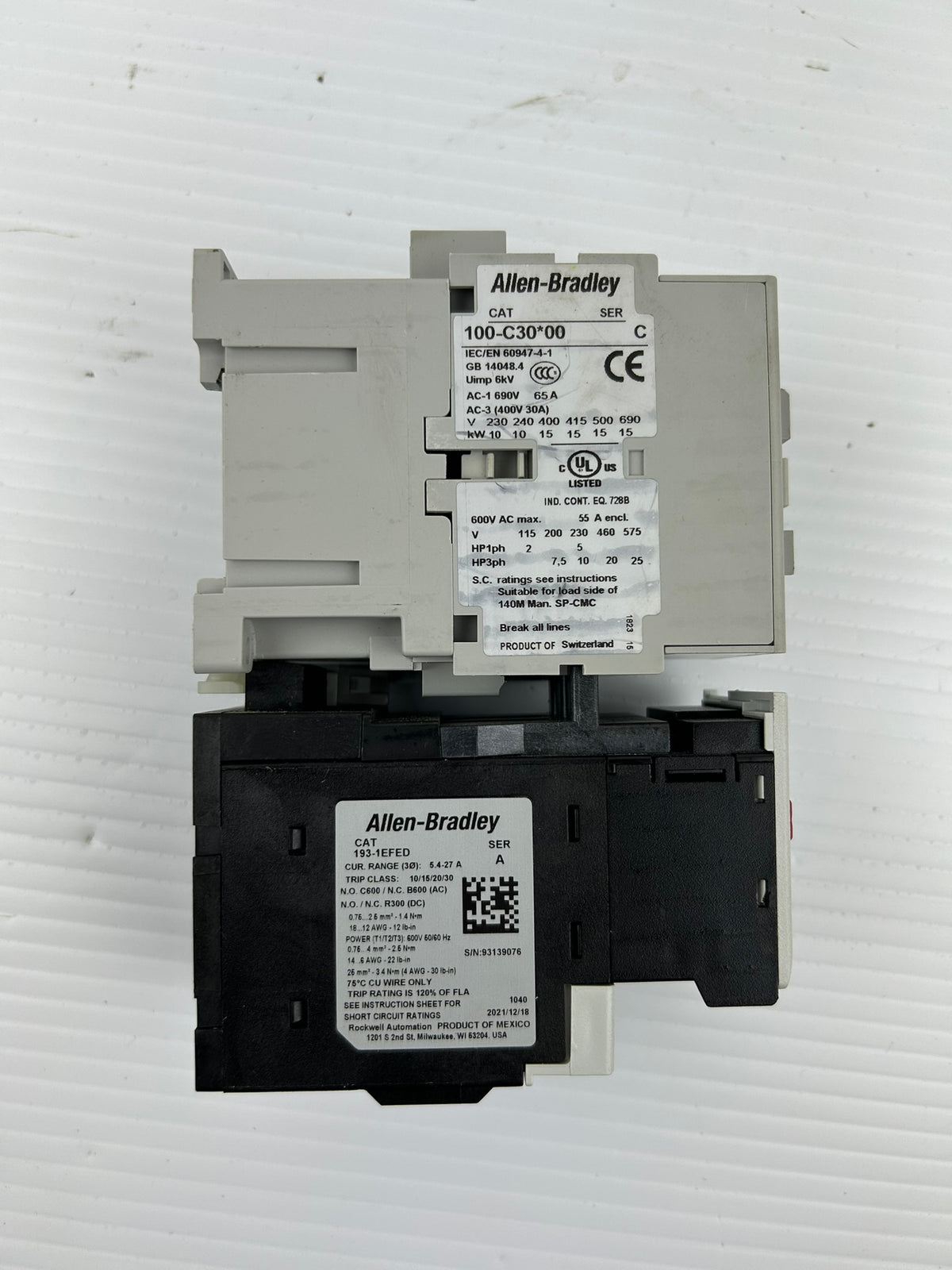 Allen-Bradley 100-C30*00 Contactor Ser C 30A 600V 3-Pole w/ 193-1EFED E100 100-S