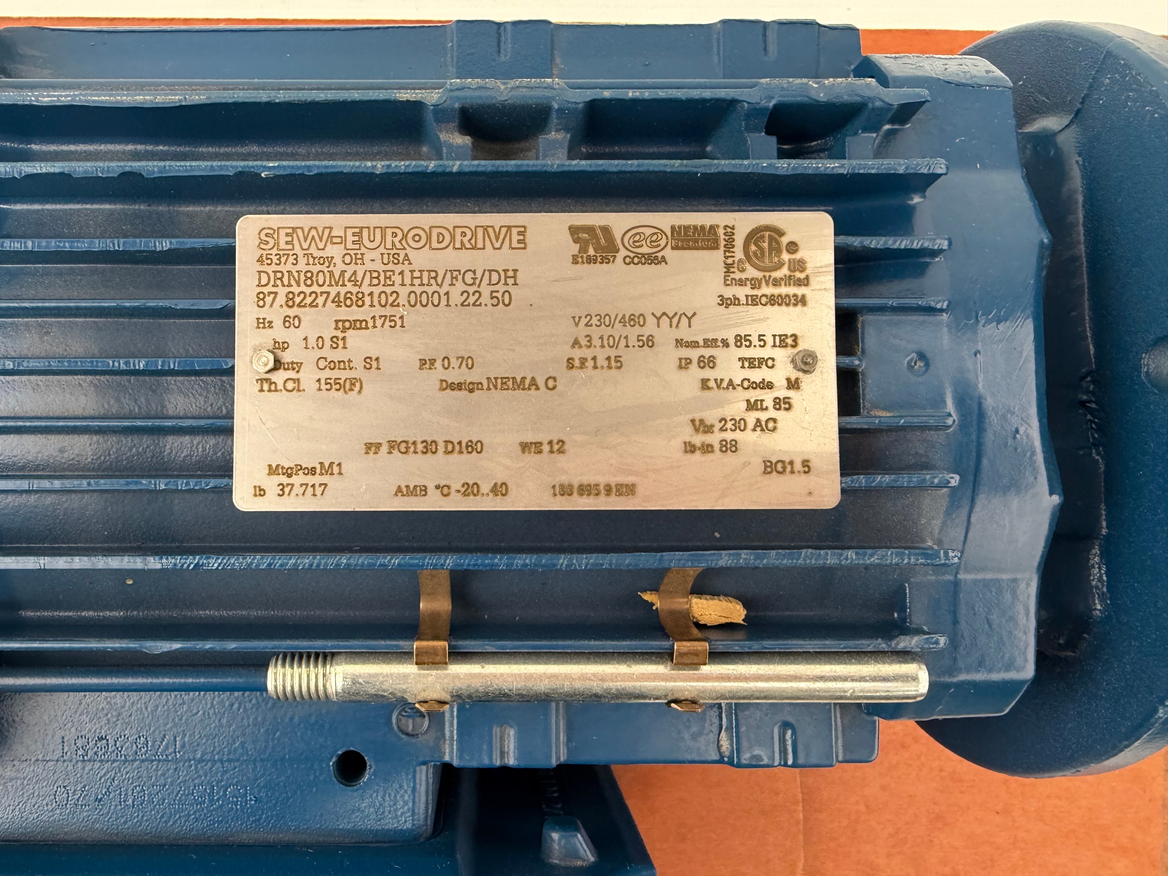SEW Eurodrive DRN80M4/BE1HR/FG/DH 1HP AC Motor 230/460V 3PH 1751RPM TEFC