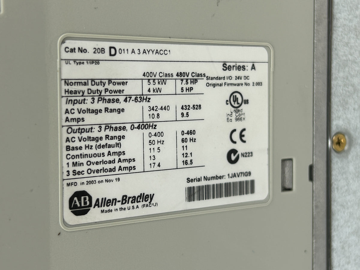 Allen-Bradley 20BD011A3AYYACC1 PowerFlex 700 AC Drive 7.5HP Series A