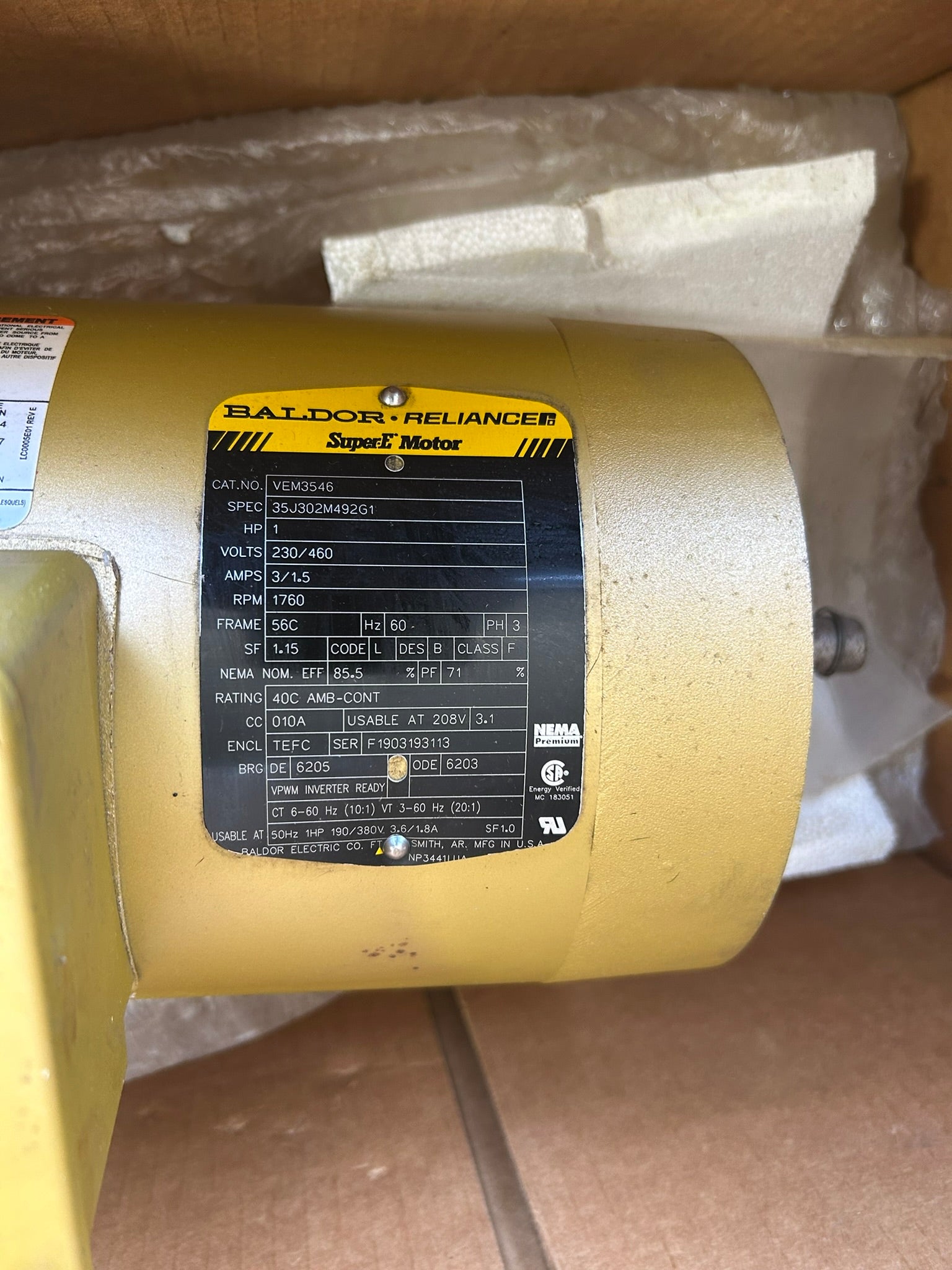 Baldor Reliance VEM3546 Electric Motor 1 HP 1760 RPM 230/460V 3 Phase 56C TEFC