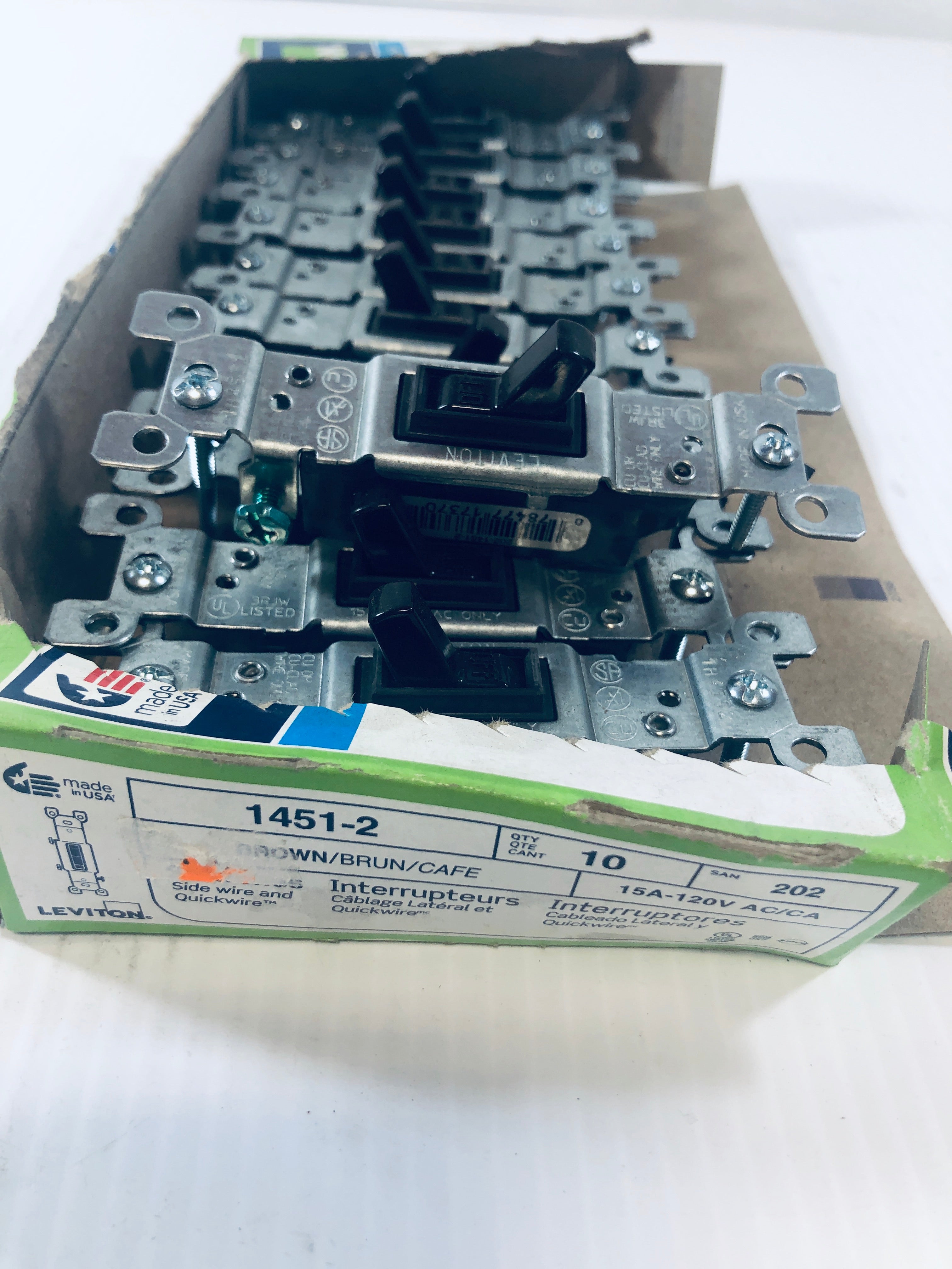 Leviton 15A-120V Lot of 11 Brown Switches 1451-2