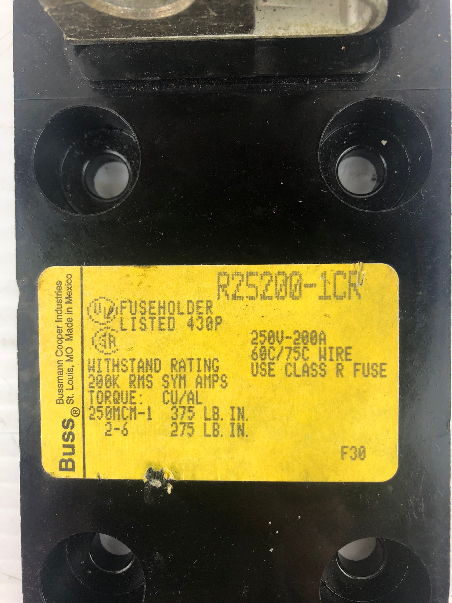 Bussman Cooper R25200-1CR Fuseholder 430P 250V-200A 60C/75C Wire Class R Fuse