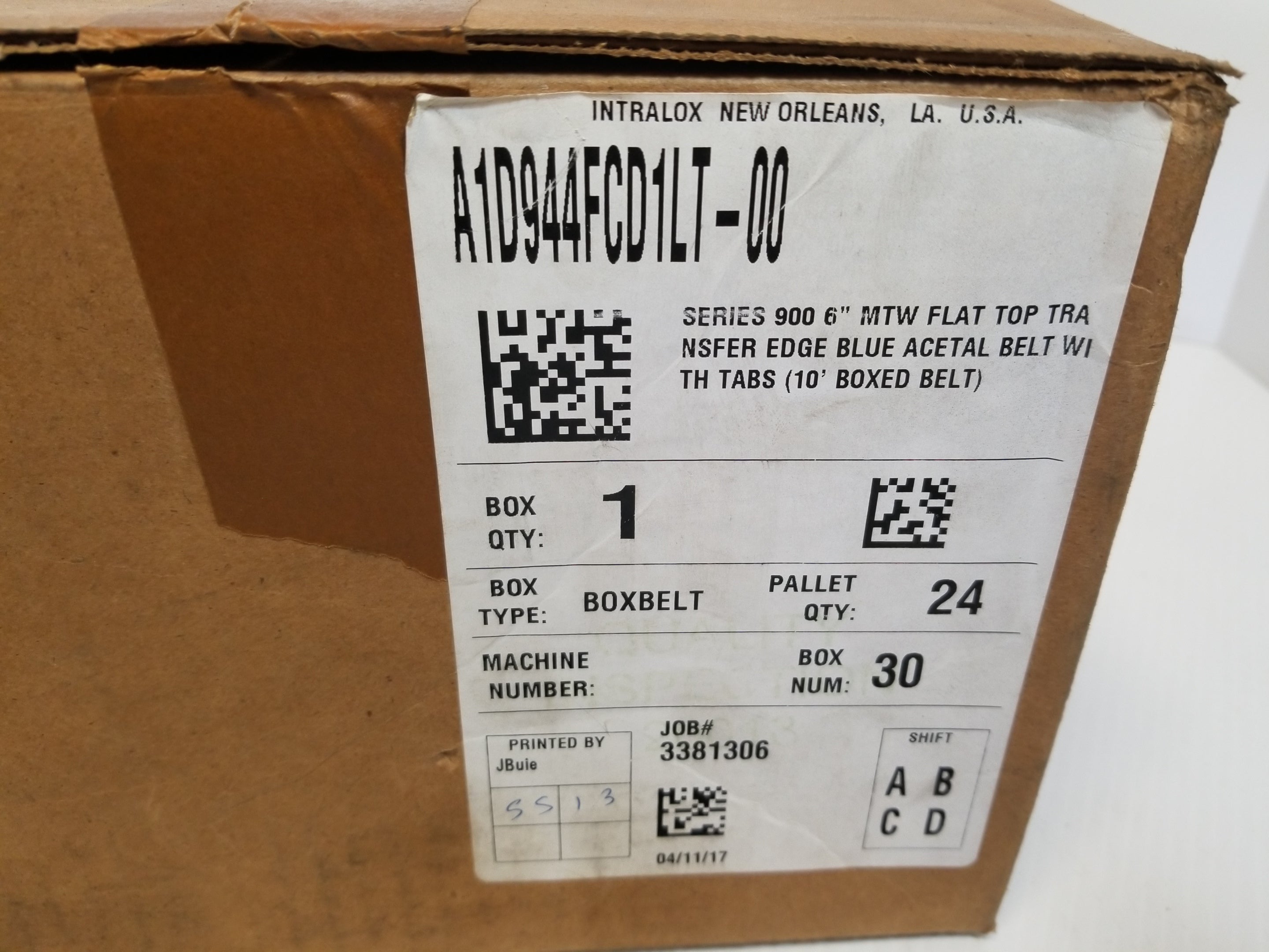 Intralox A1D944FCD1LT-00 Flat Top Transfer Edge Acetal Belt with Tabs