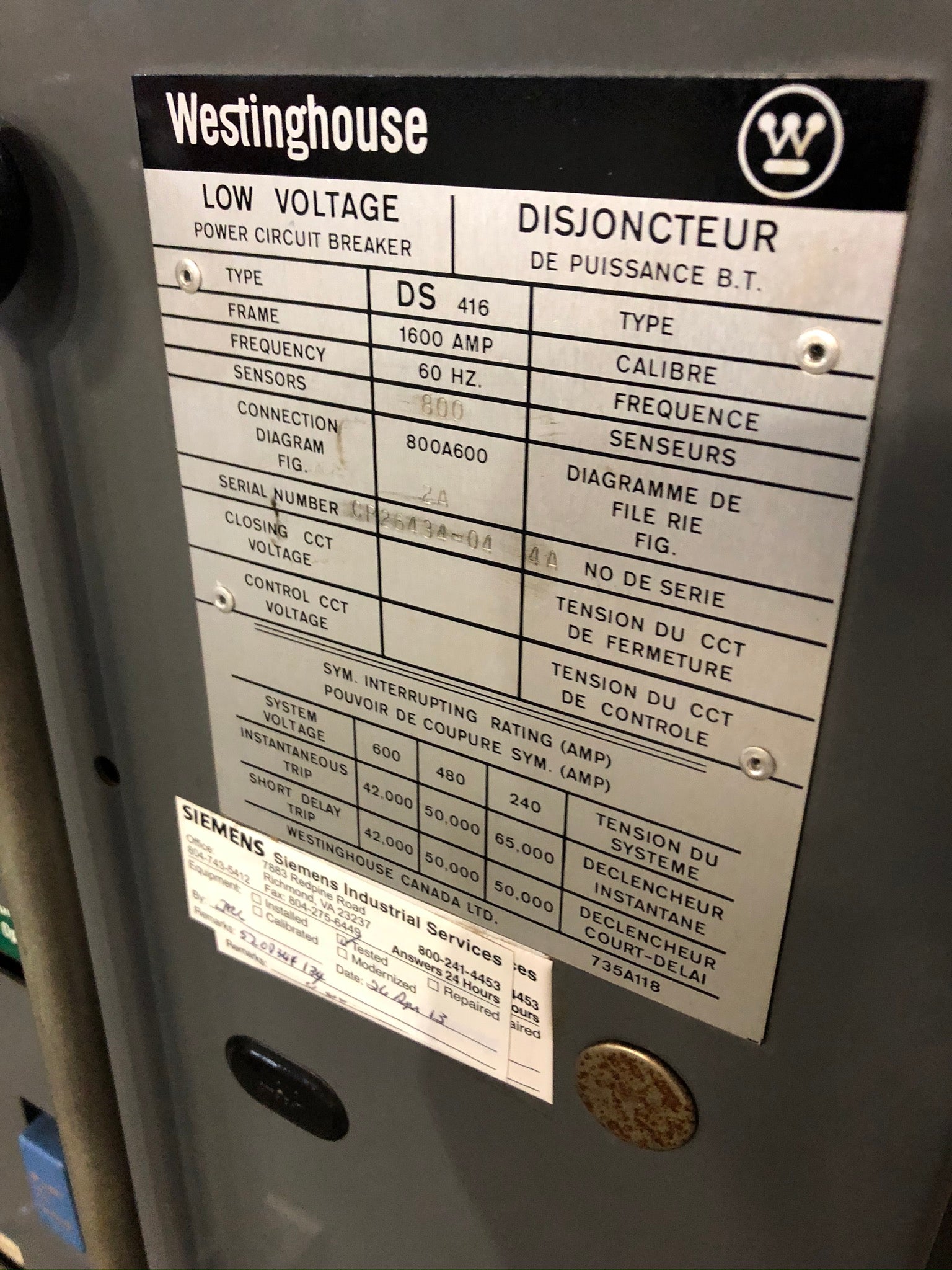 Westinghouse DS 416 Low Voltage Power Circuit Breaker 1600 Amp