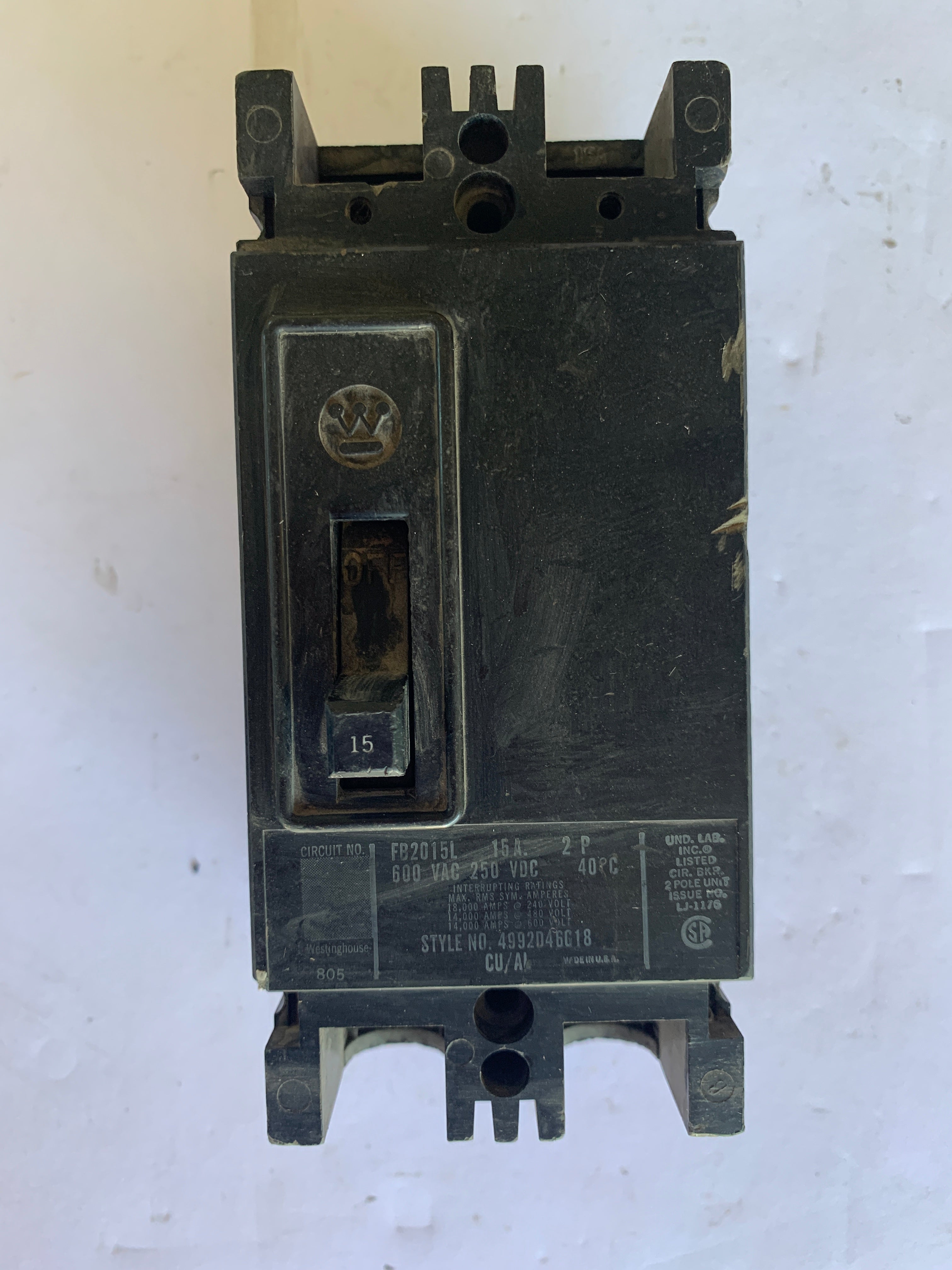 Westinghouse 4992D46G18 Circuit Breaker 2-Pole 15A