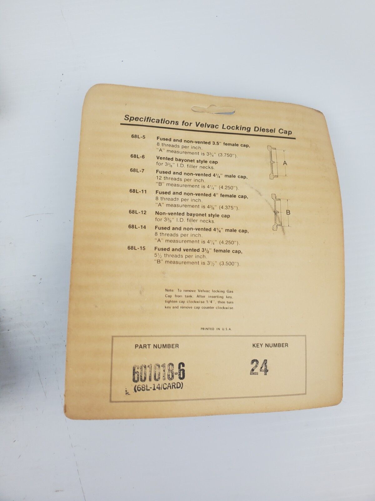 Velvac 601018-6 Locking Gas Cap 68D-14L 68L-14