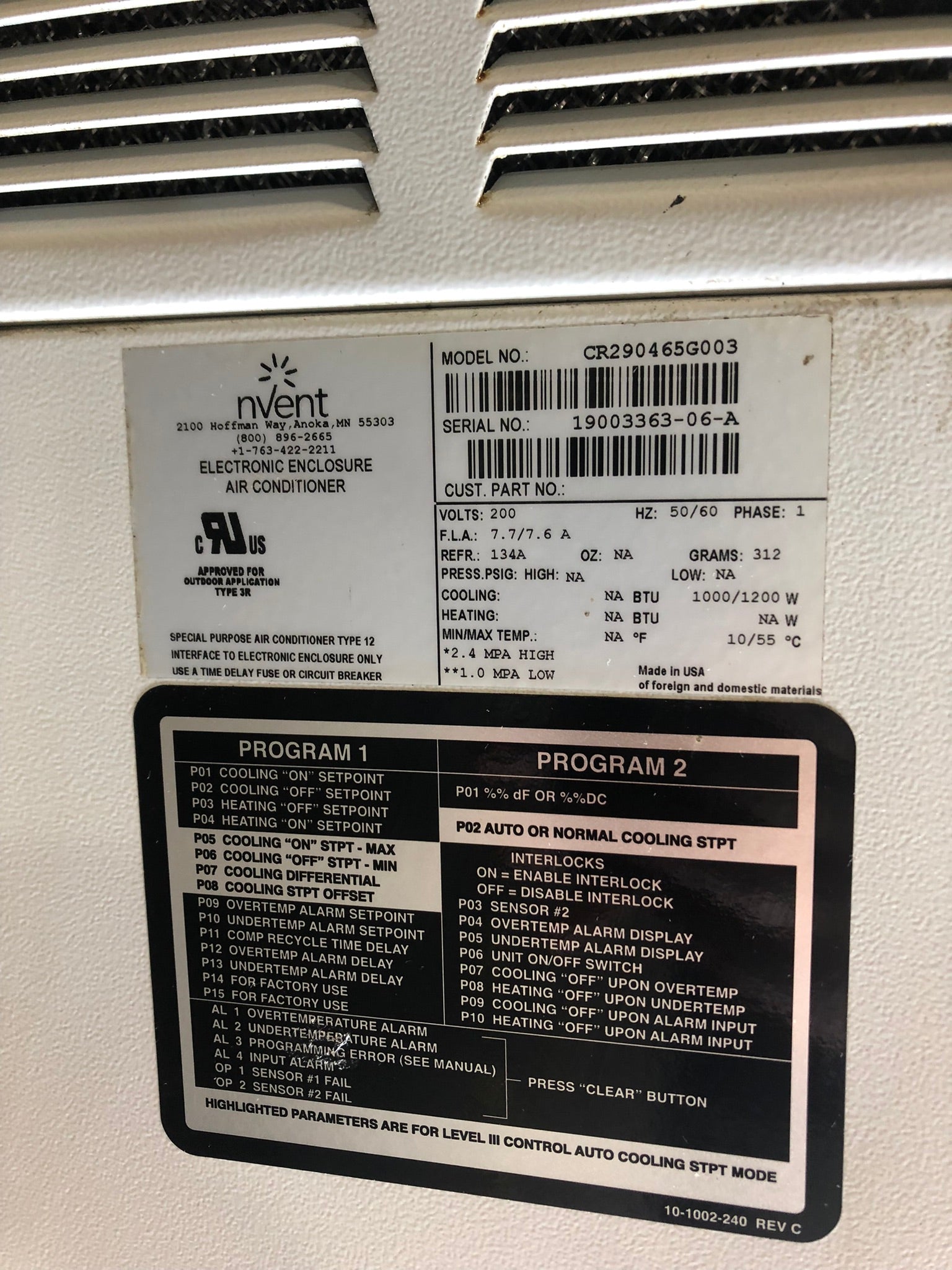 nVent CR290465G003 Electronic Enclosure Air Conditioner 200V 50/60Hz 1 Phase