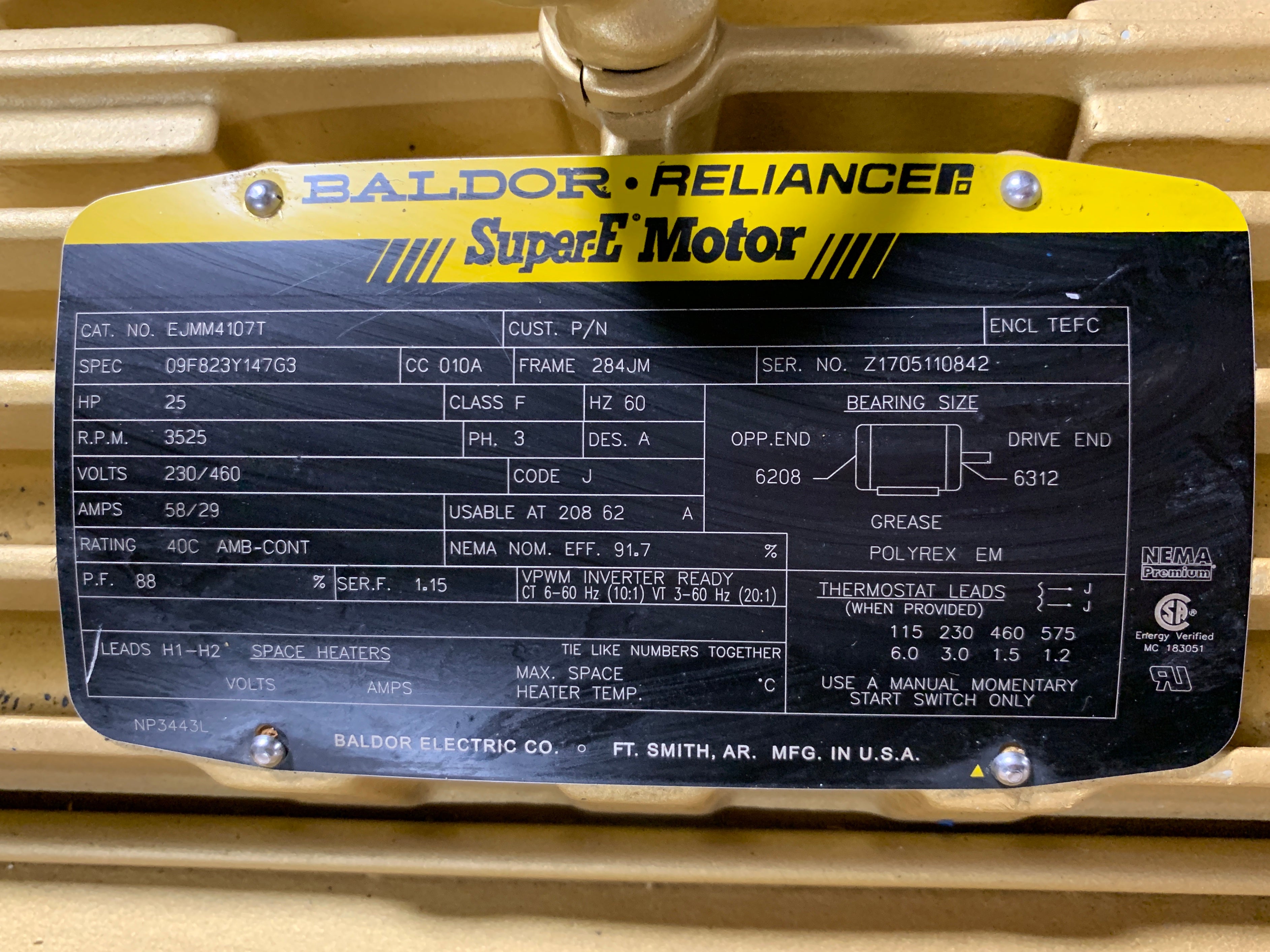 Baldor Reliance EJMM4107T Motor 25 HP 3PH 3525 RPM