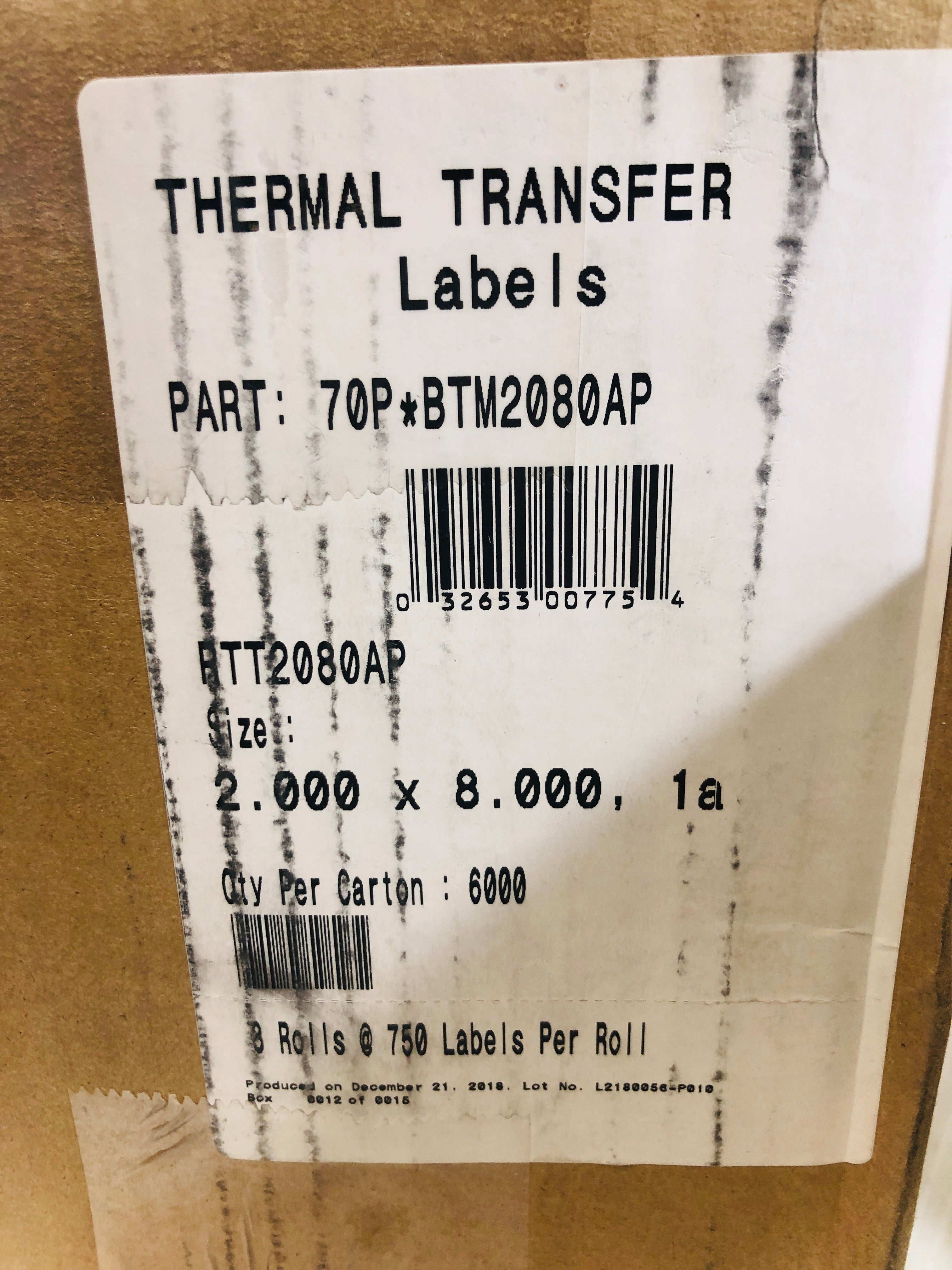 6000 Thermal Transfer Labels 8 Rolls 70P*BTM2080AP 2" x 8" - 750 Labels Per Roll