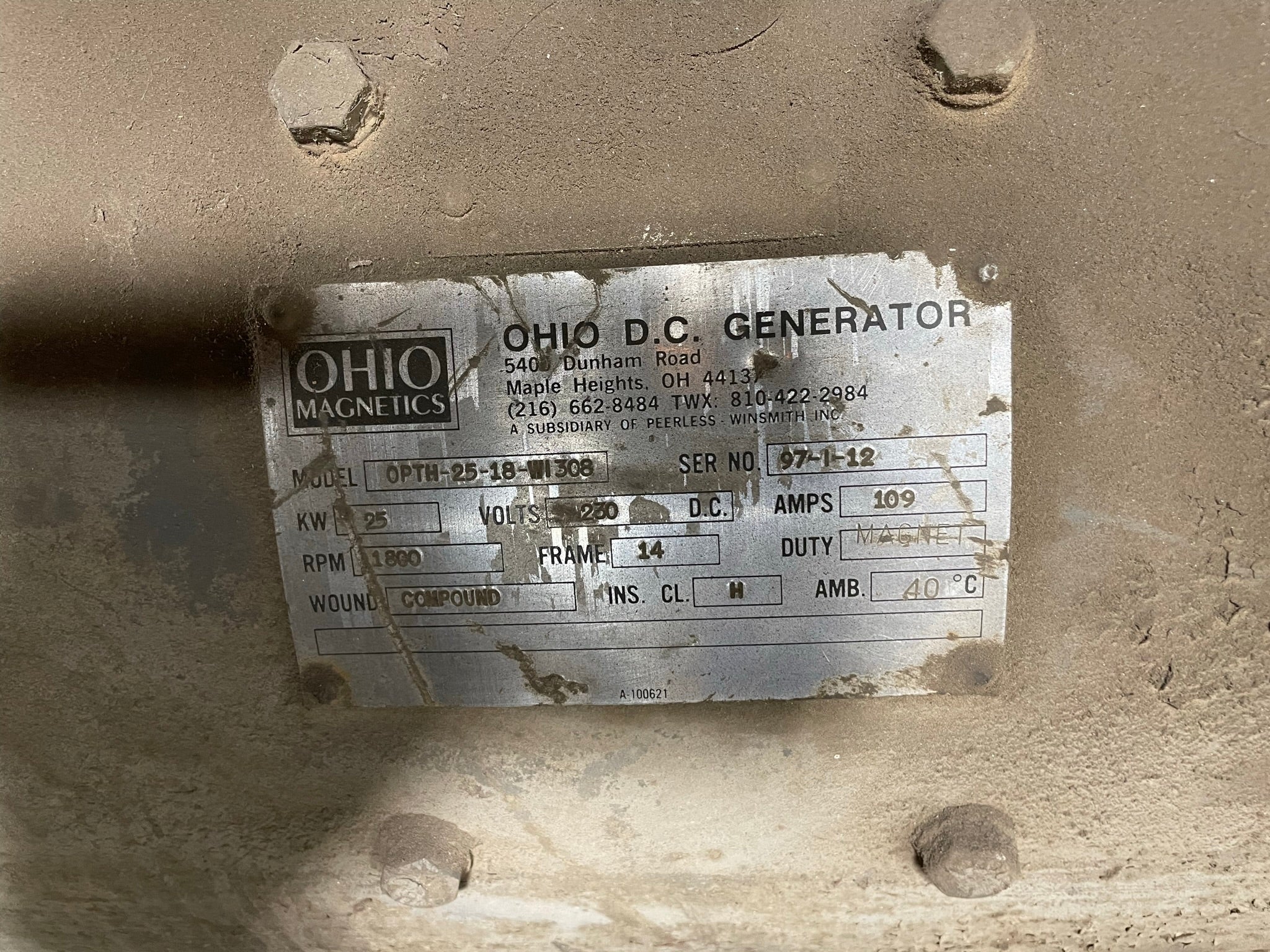 Ohio Magnetics DC Generator OPTH-25-18-WI308 25kW 1800 RPM 230VDC 14 Frame 109A