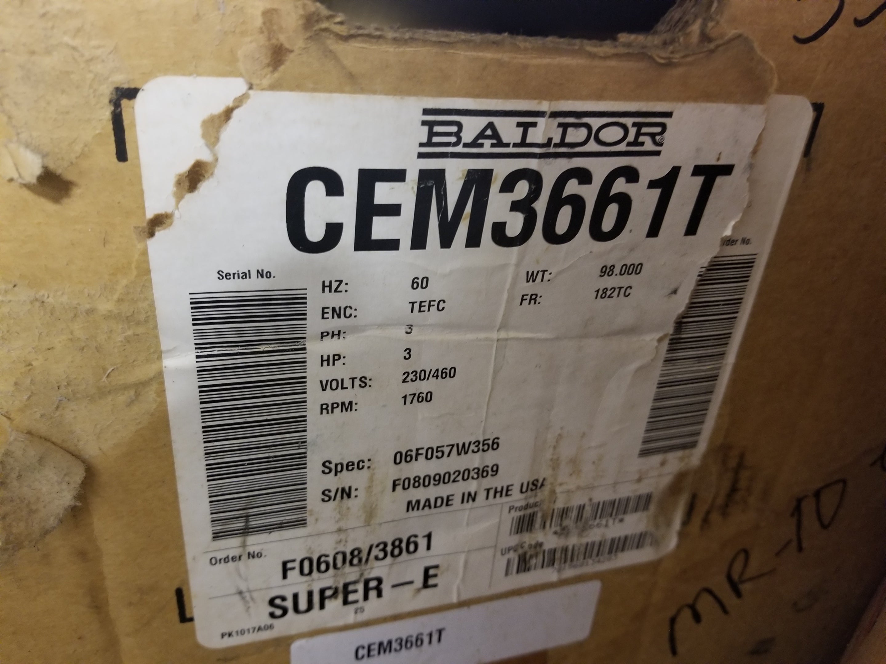 Baldor CEM3661T Electric Motor 3HP 3-Phase 1760 RPM