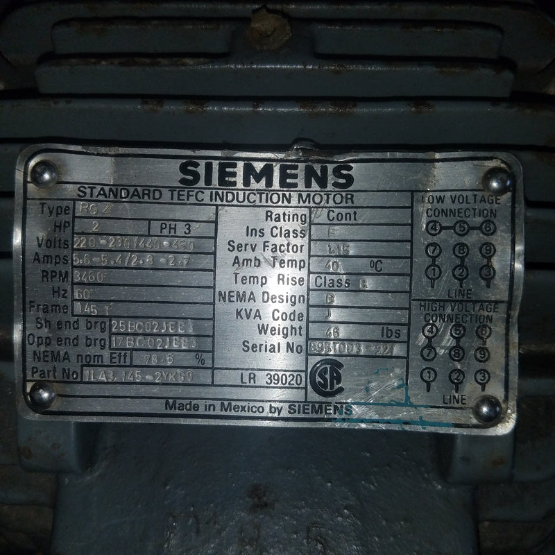 Siemens 1LA3145-2YK60 2HP Electric Motor