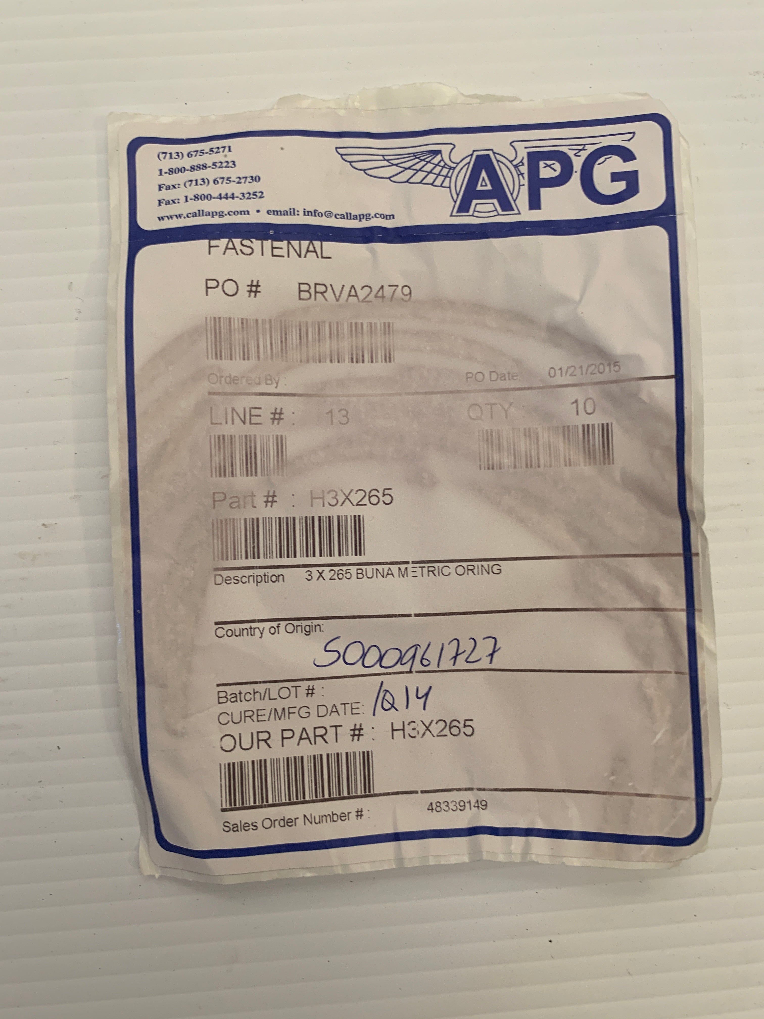 APG 3 x 265 Buna 70 Metric O-ring H3X265 Package of 10