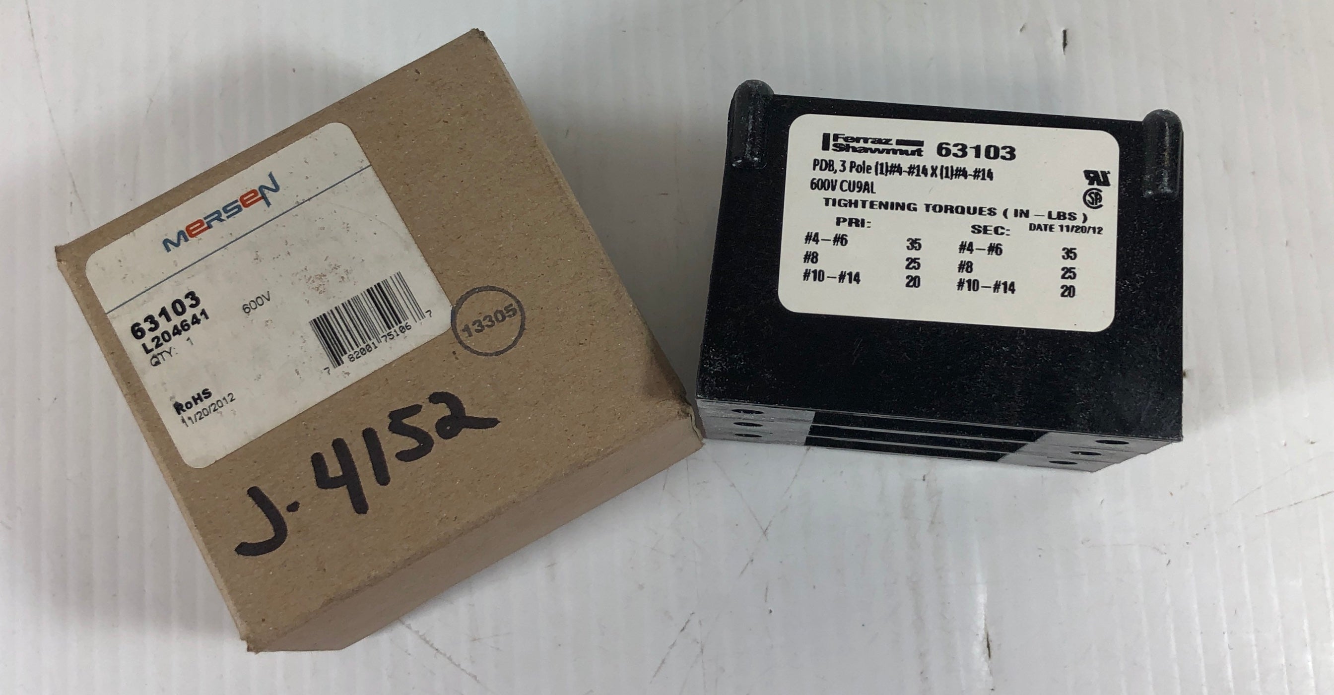 Mersen Ferraz Shawmut 63103 Power Distribution Block 3 Pole 600V