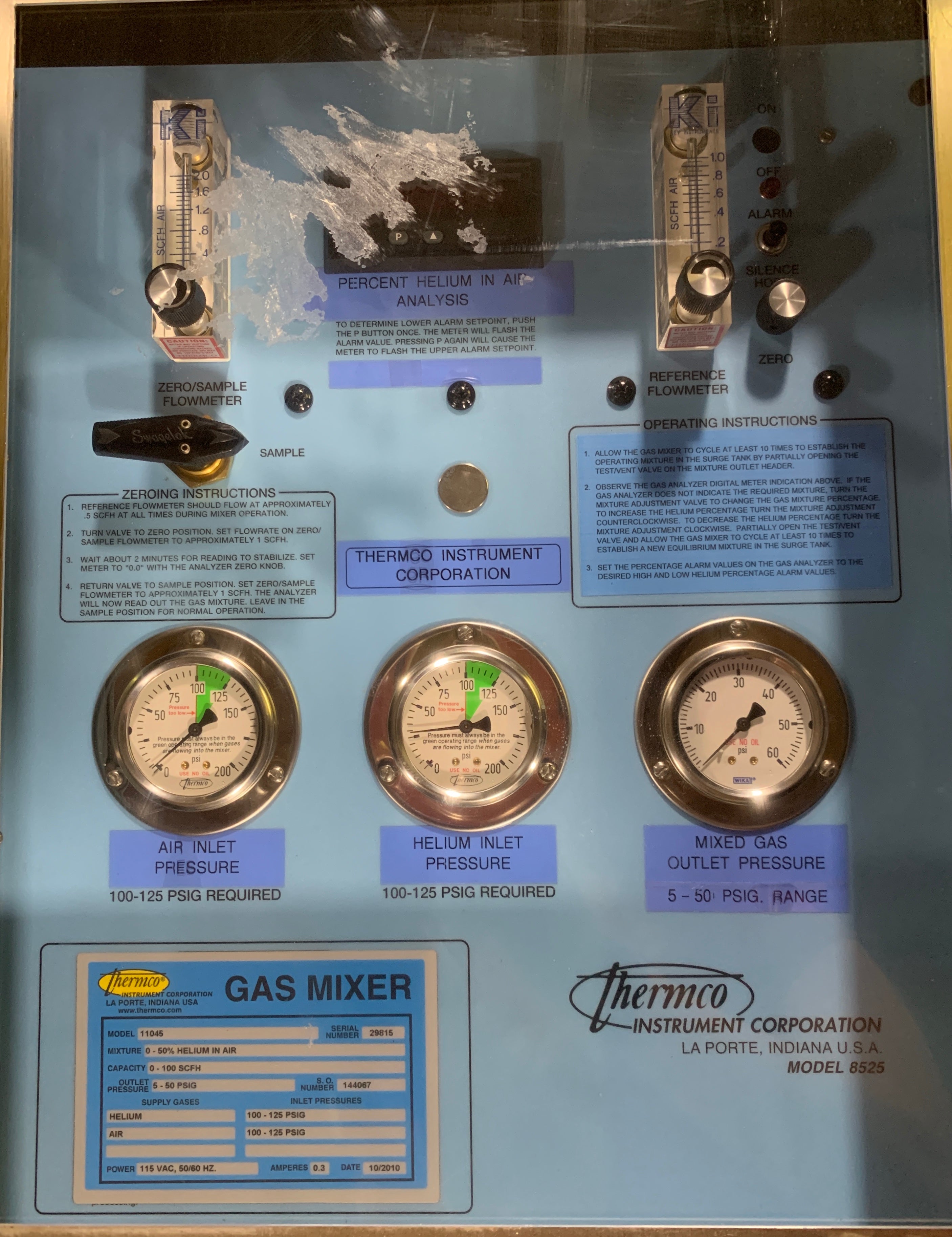 Thermco Gas Mixer 11045 0-50% Helium 0-100 SCFS 5-50 PSIG