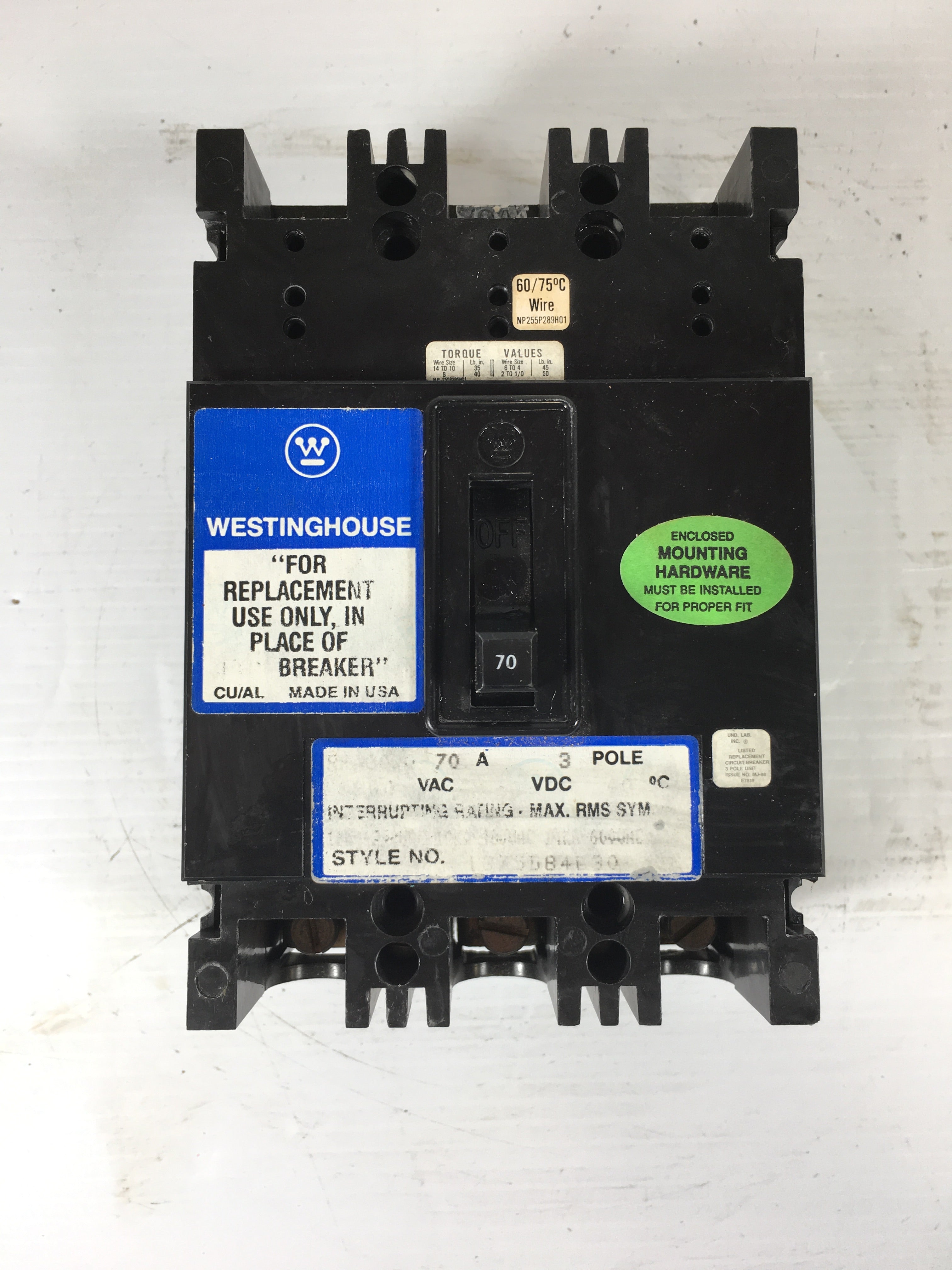 Westinghouse Circuit Breaker RFA3070 70 Amp 600 VAC 3 Pole