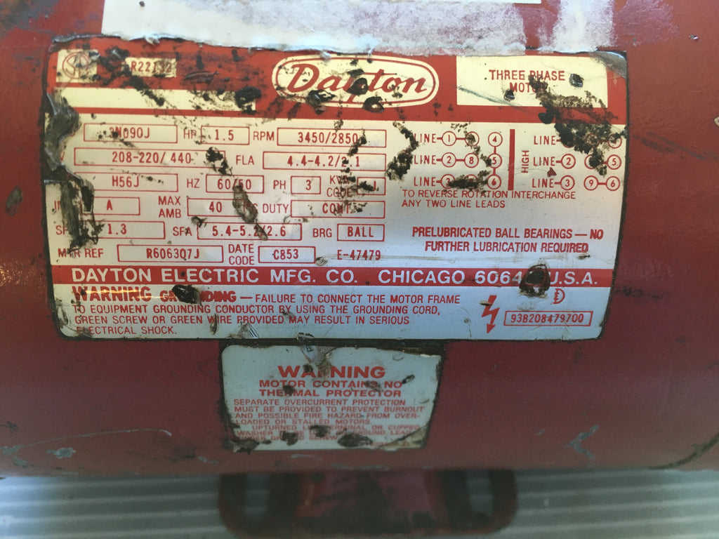 Dayton Electric Motor 3N090J 1.5 HP 3 PH 208220 V Metal Logics, Inc.
