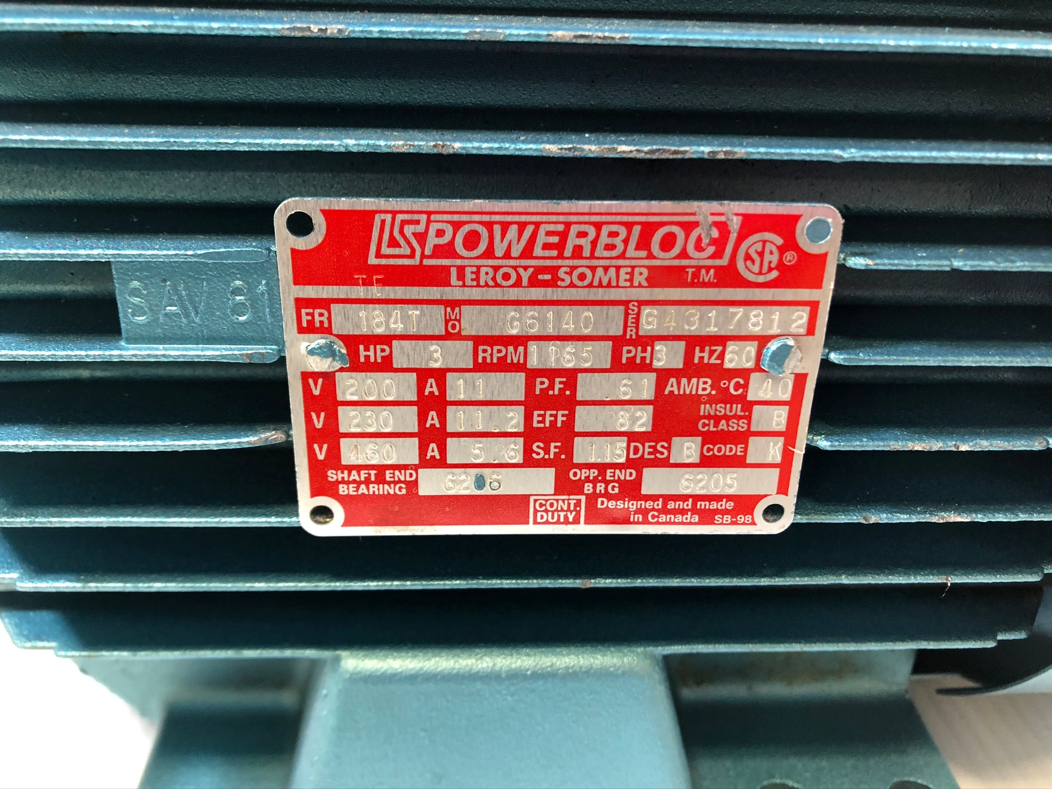 Leroy-Somer G6140 Powerbloc Motor 3HP 1165 RPM 3PH 184T Frame