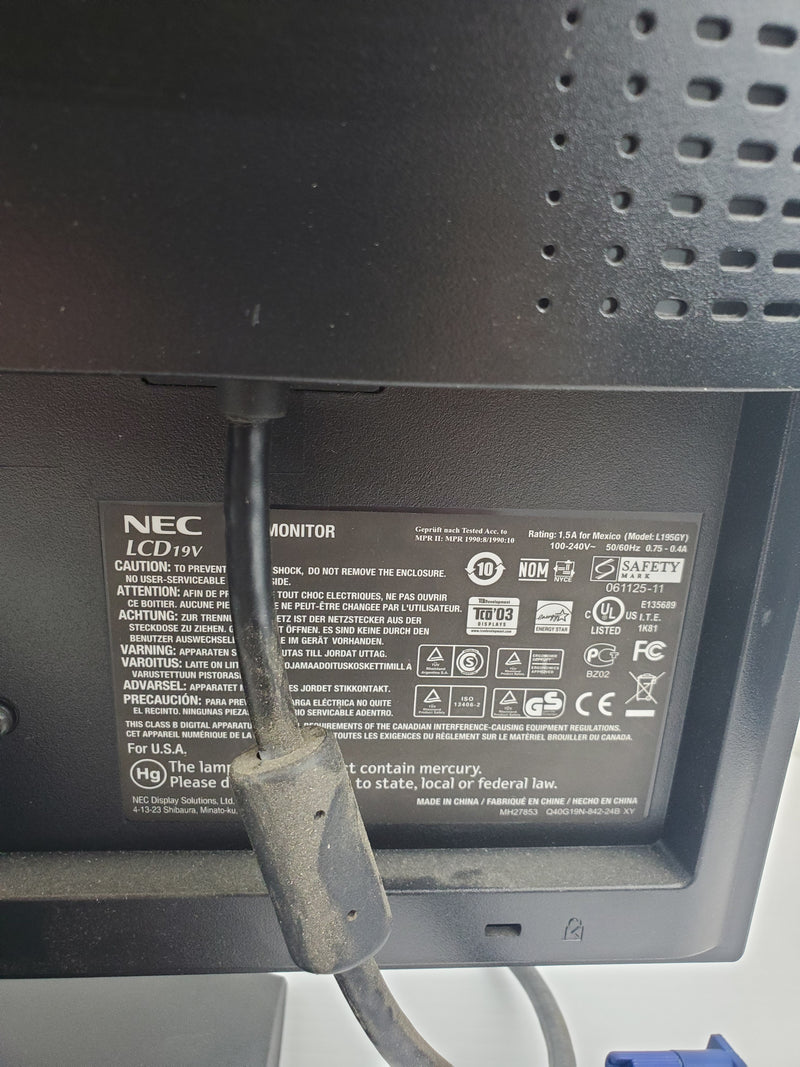 NEC LCD19V Computer Monitor 19" - NOT TESTED - NO POWER CABLE