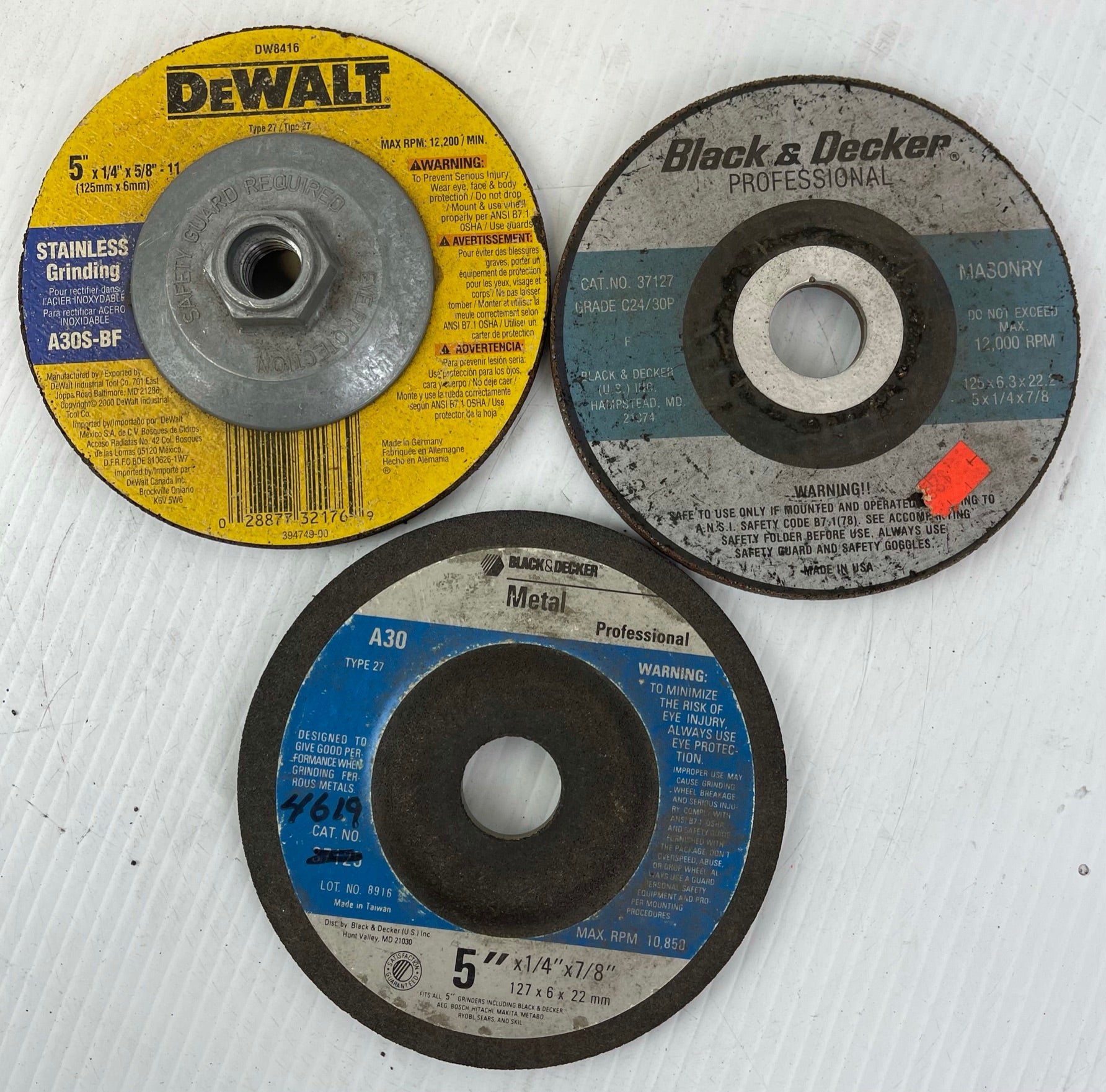 Lot of 3 5" Grinding Wheels DeWalt Stainless Black Decker Metal Masonry