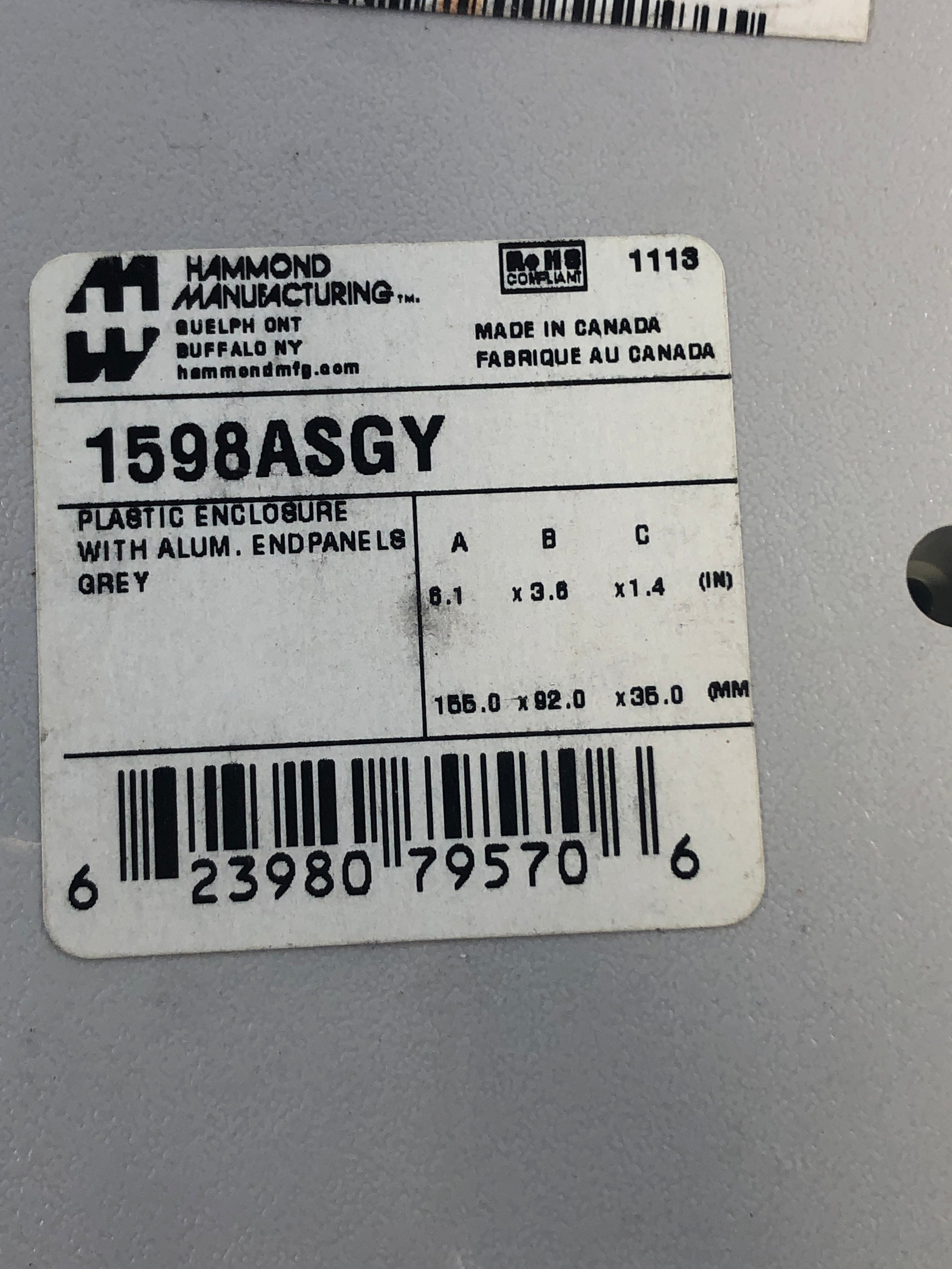 Hammond Manufacturing 1598ASGY ABS Plastic Enclosure for PCB Circuit Boards 6x4"