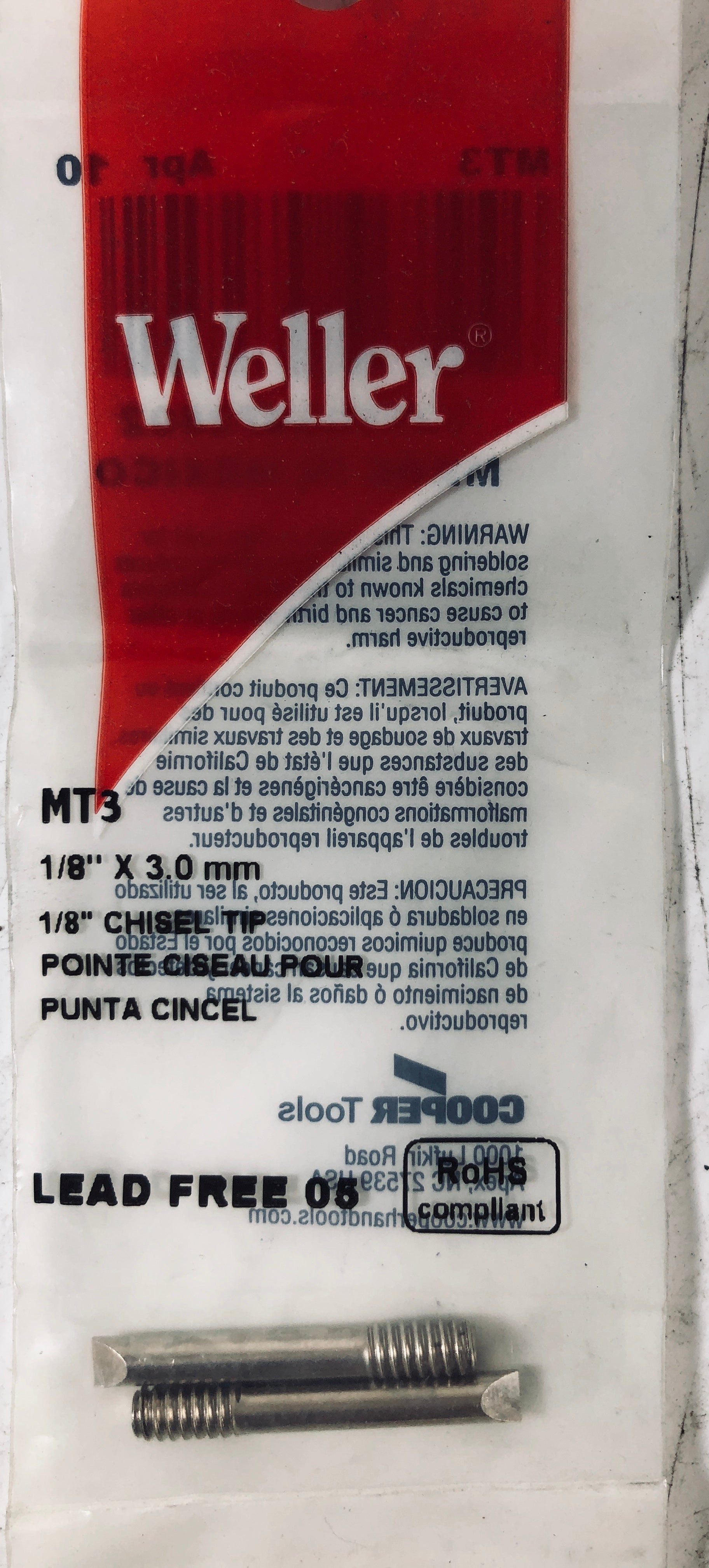 Weller 1/8" Chisel Tip Lead Free MT3 1/8" x 3mm - Bag of 2