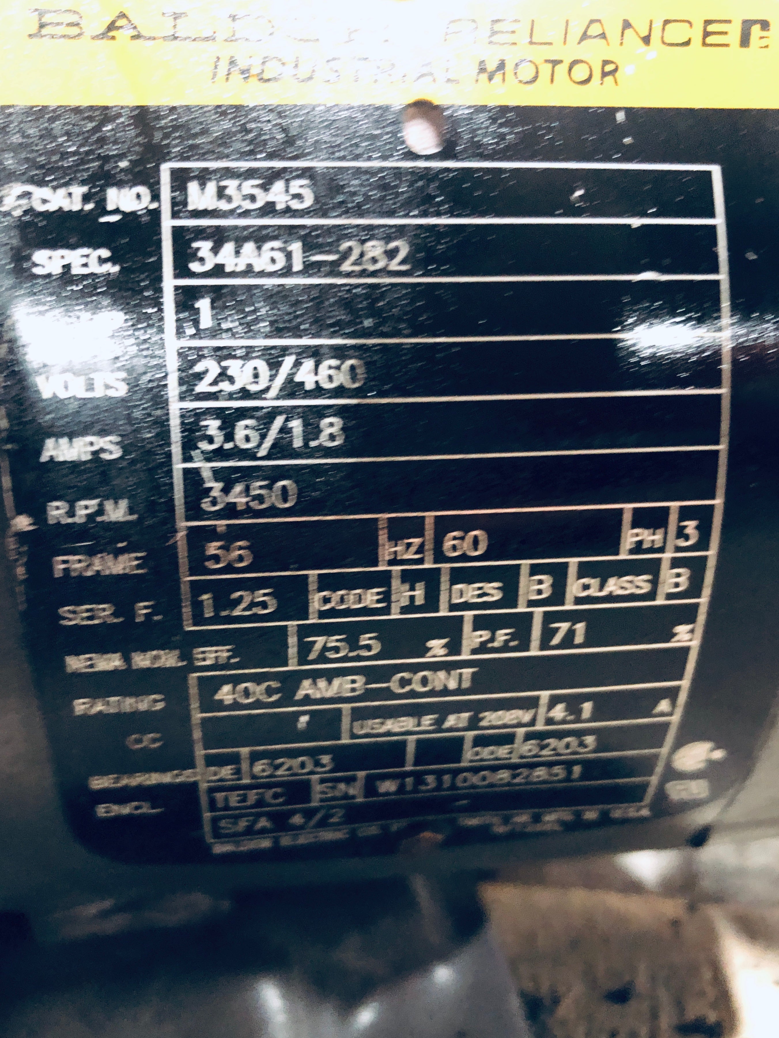 Baldor M3545 Motor 1HP 3450 RPM 230/460V 3PH