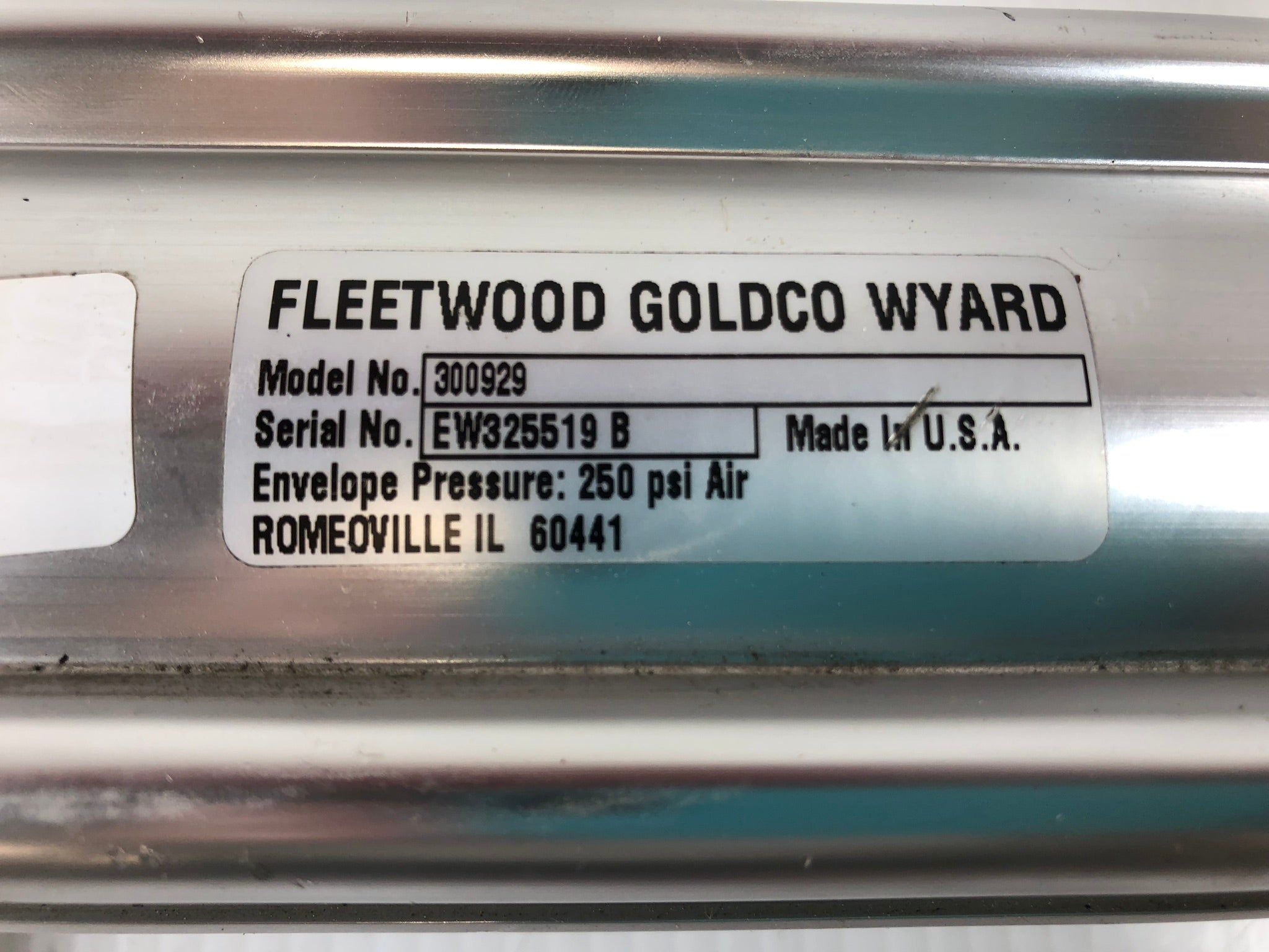 Fleetwood Goldco Wyard 300929 Pneumatic Air Cylinder 250 PSI