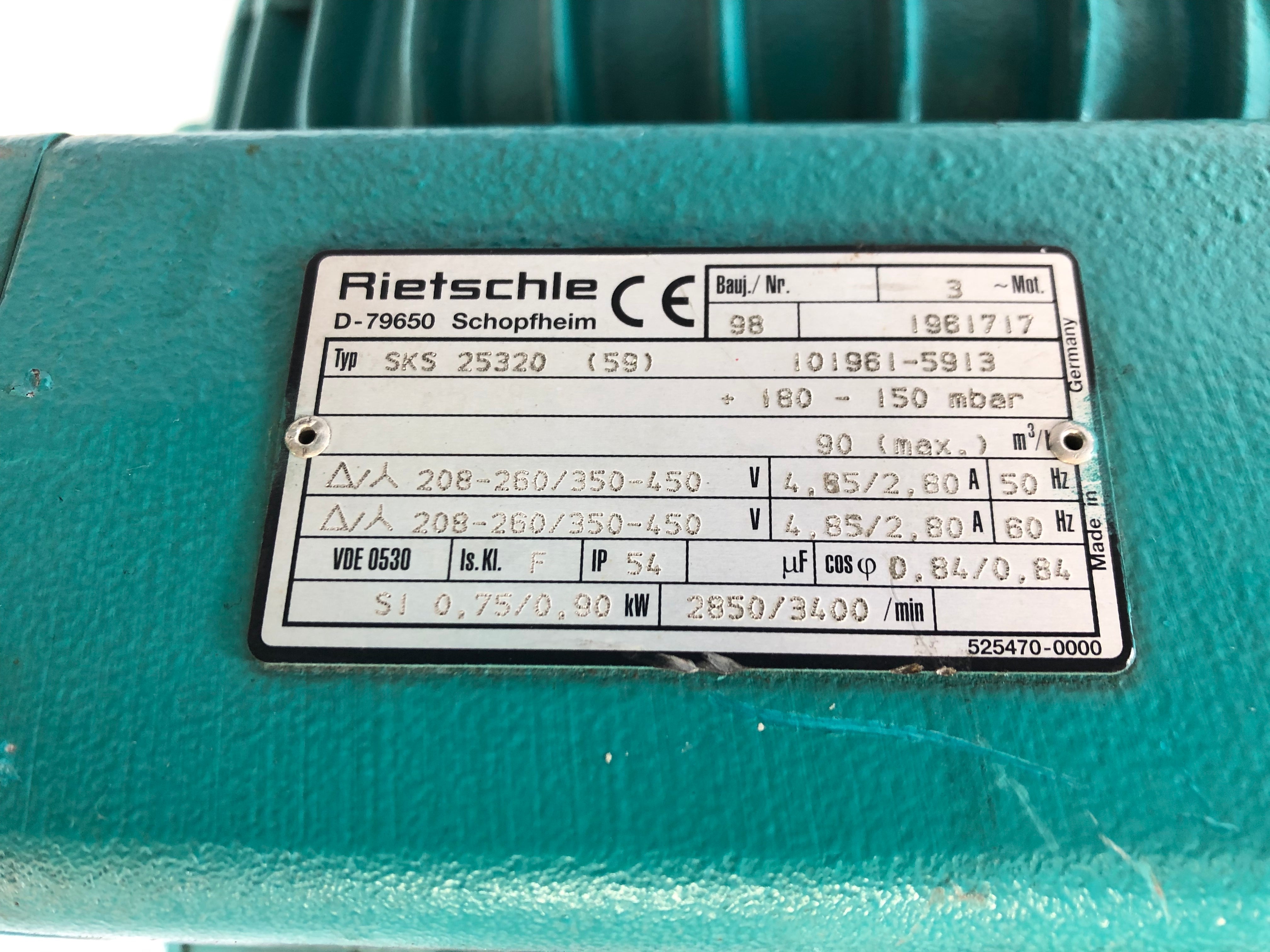 Rietschle SKS 25320 (59) Vacuum Blower Motor 208-260/350-450 V 4.85/2.8 A
