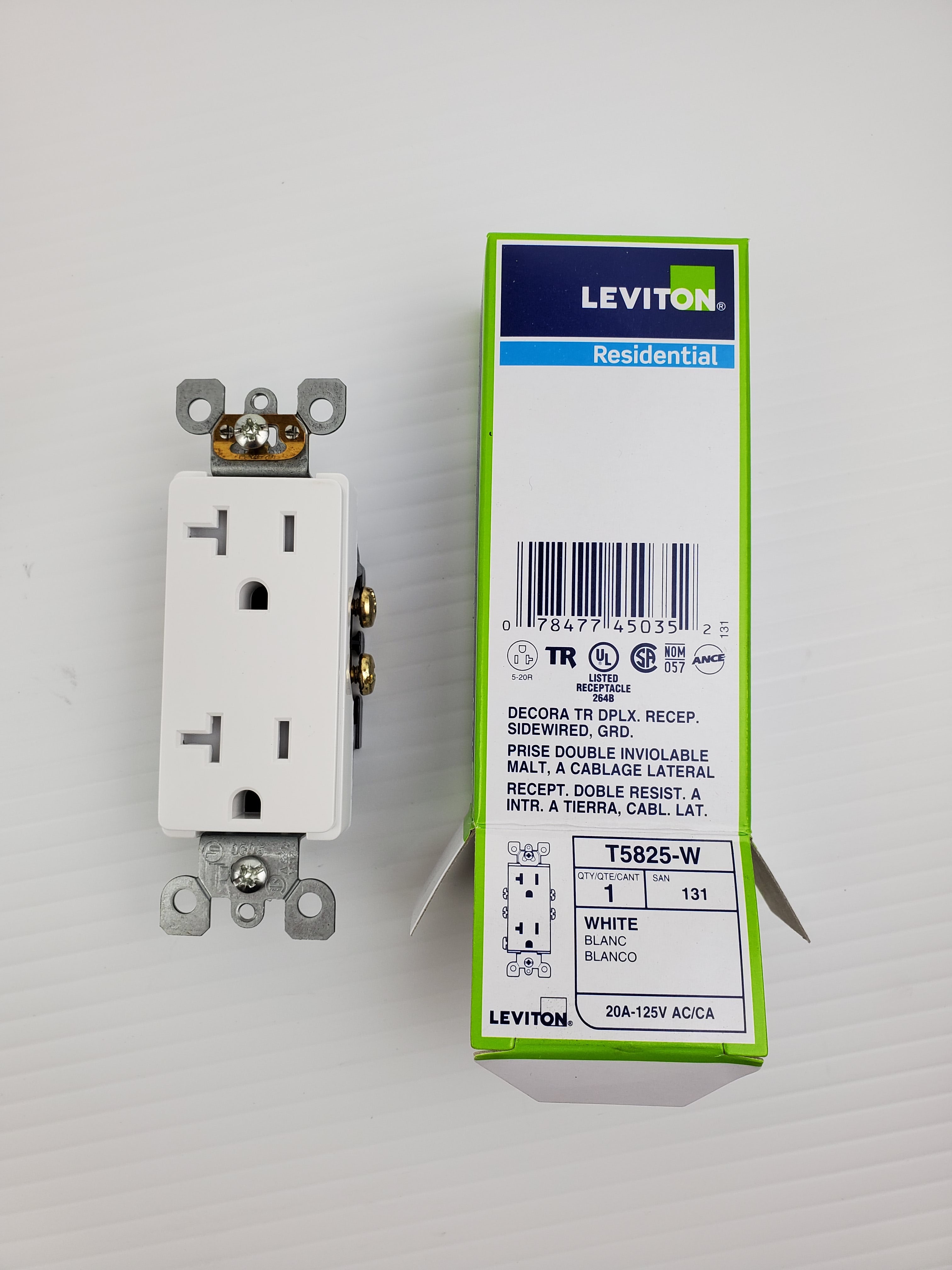 Leviton T5825-W Residential Receptacle White 20A-125V AC/CA