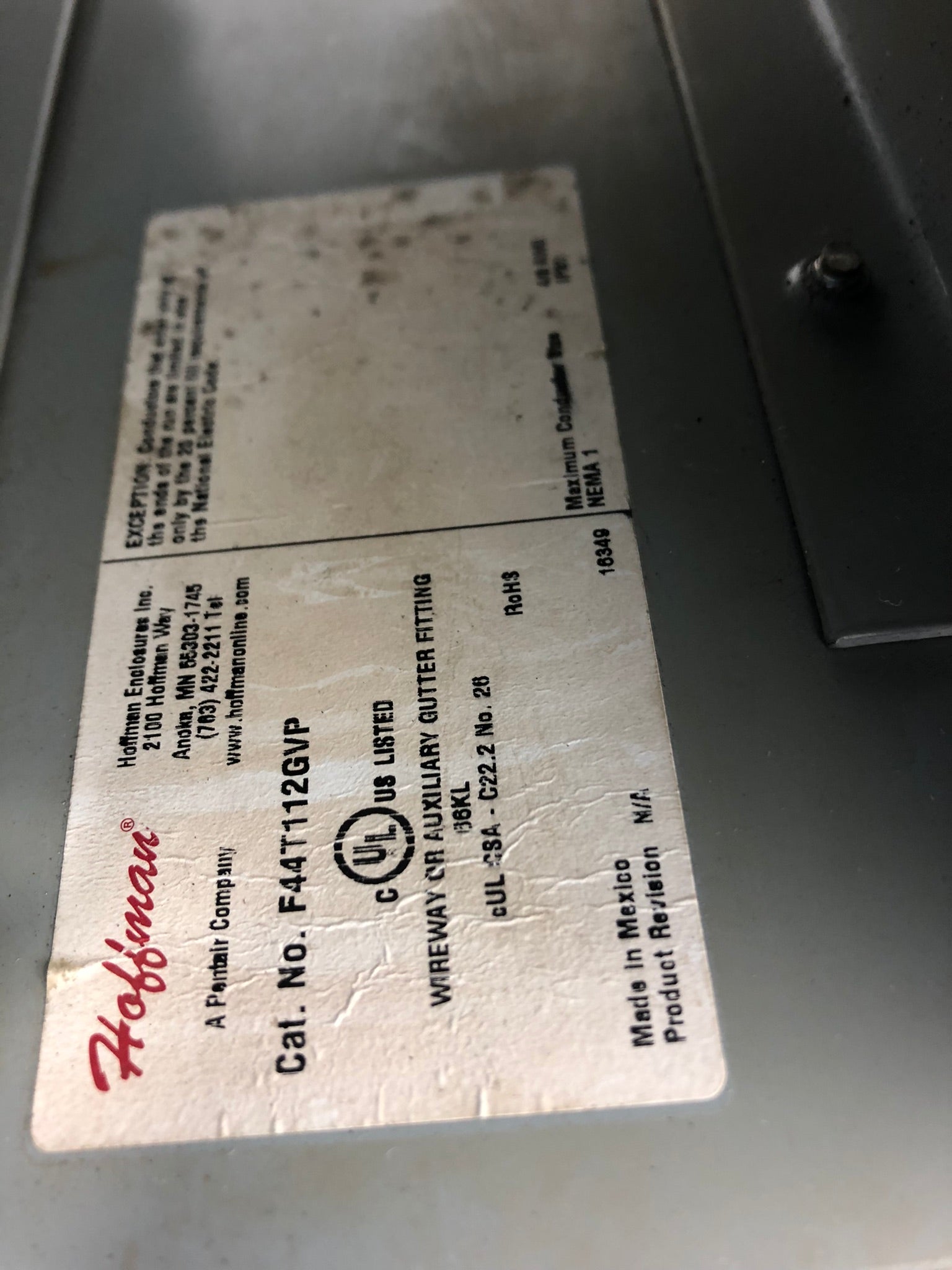 Hoffman F44T112GVP 4" x 4" x 12" Lay In Flat Cover